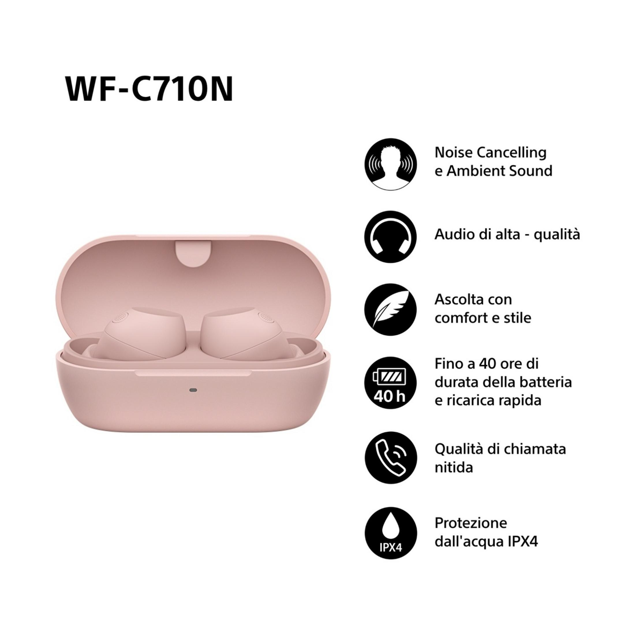 WF-C710N: Rosa kabellose Ohrhörer im Ladecase, mit Funktionen wie Geräuschunterdrückung.