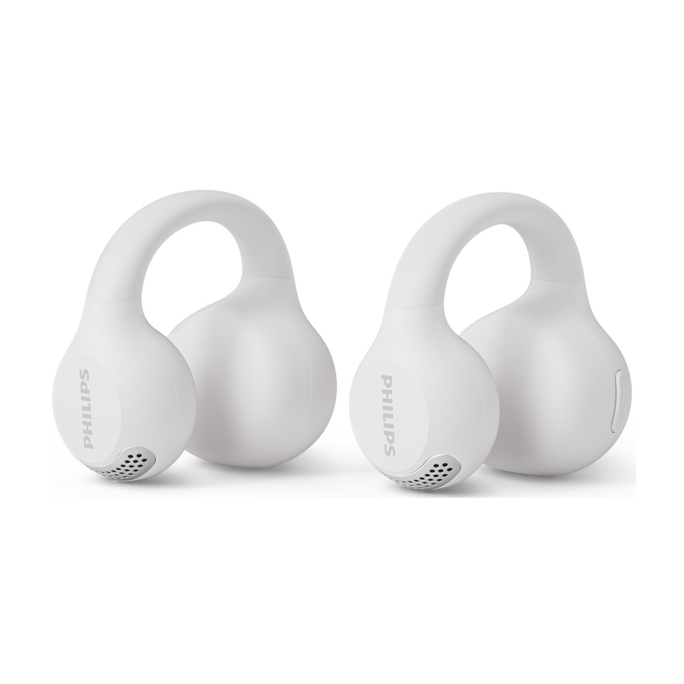 Dwa białe słuchawki Philips obok siebie, na białym tle.
