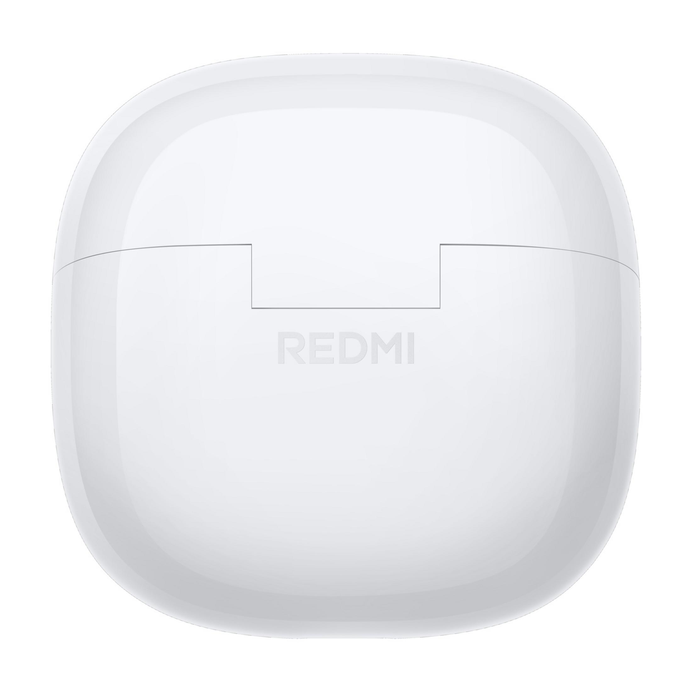 Zamknięte białe etui ładujące do słuchawek z logo REDMI.