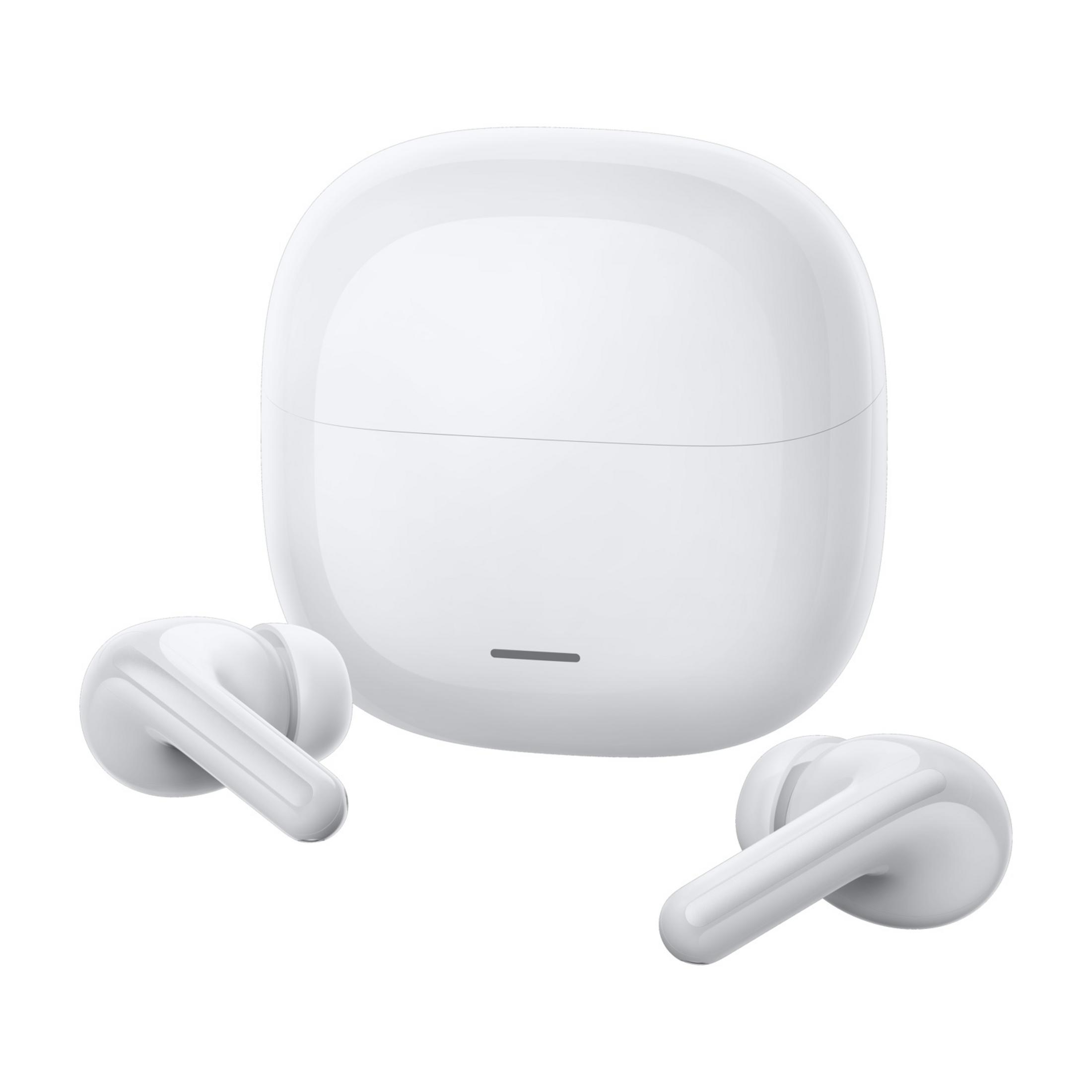 Białe etui ładujące z dwoma białymi słuchawkami bezprzewodowymi z przodu.