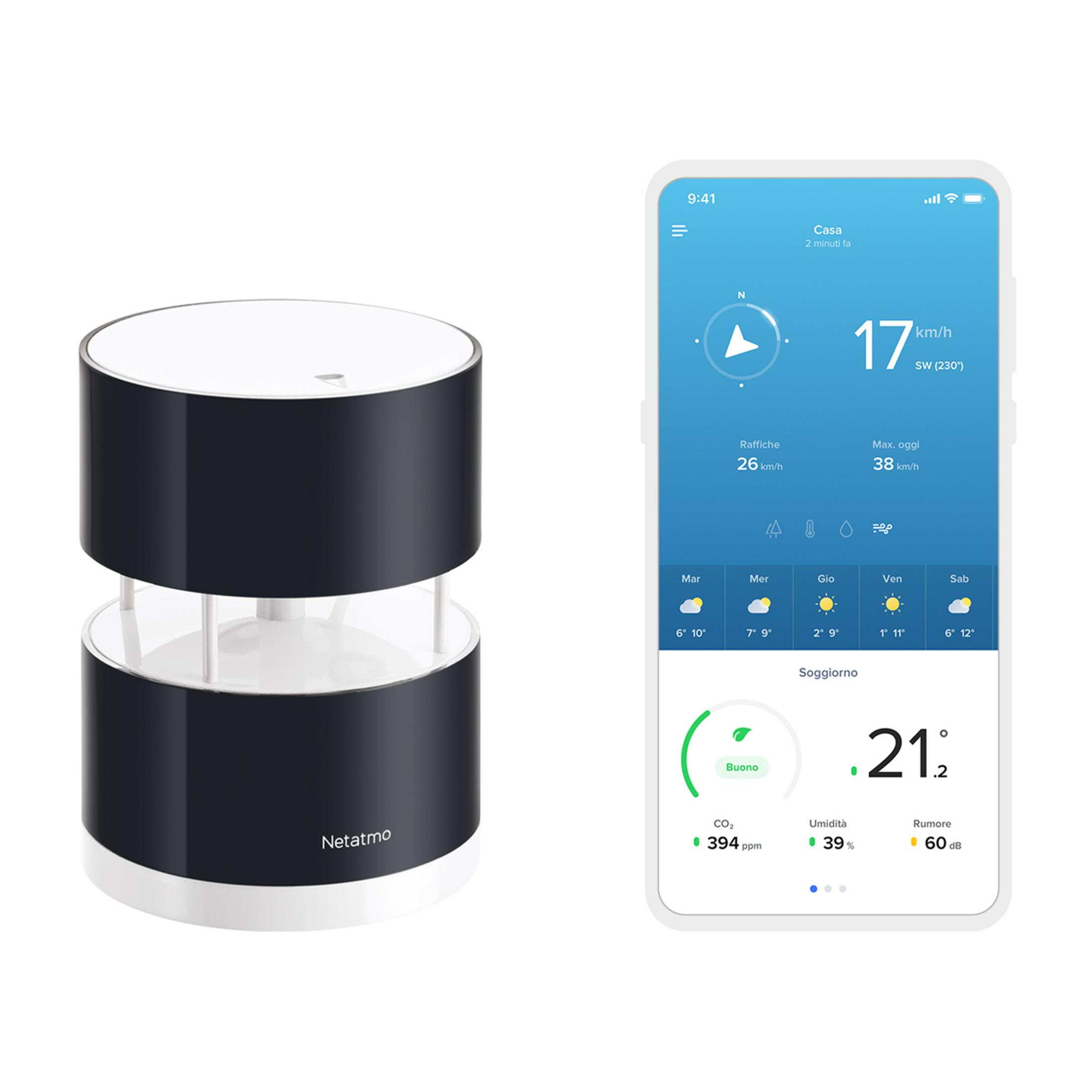 A Netatmo weather station and a smartphone app displaying weather data.