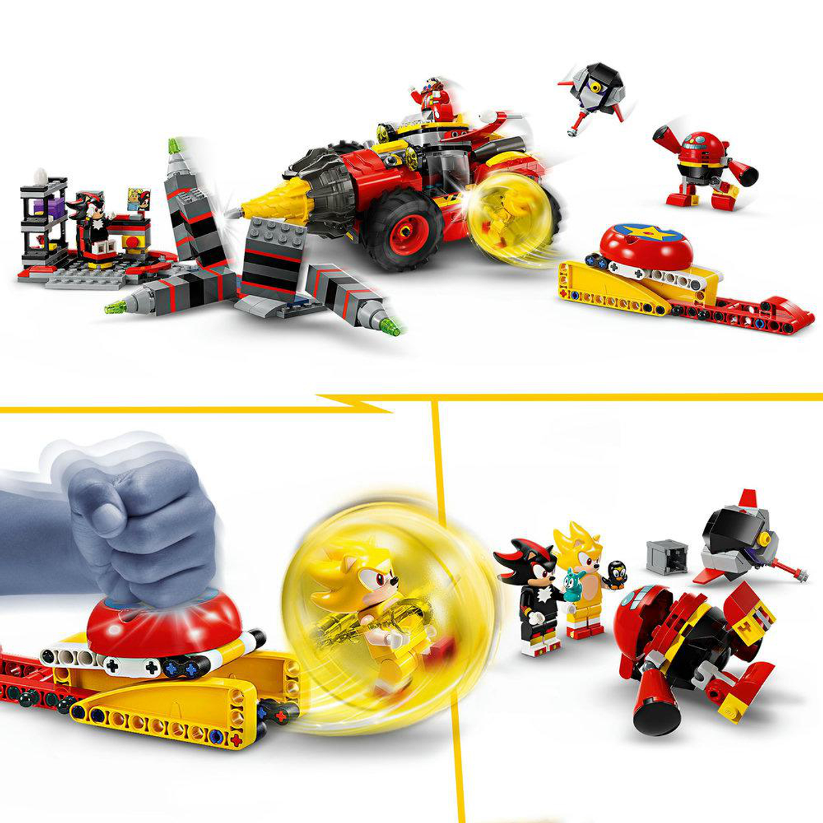 Sonic und Freunde spielen mit Lego-Fahrzeugen und Robotern.