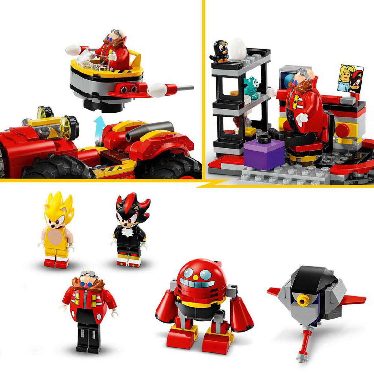 Lego-Figuren: Dr. Eggman in seinem Fahrzeug und auf einem Thron, Sonic, Shadow, Badniks.
