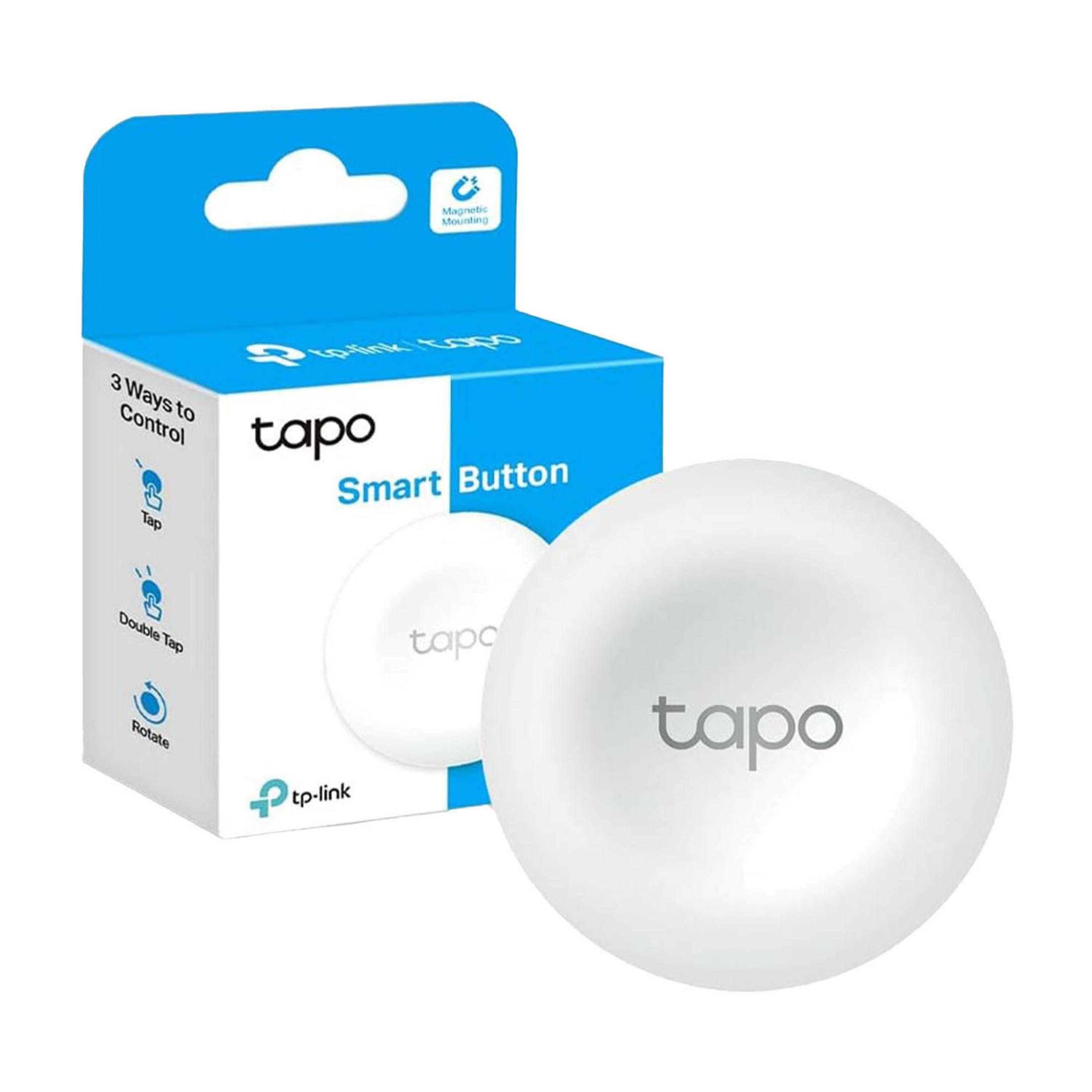 Un bouton intelligent Tapo blanc est à côté de son emballage bleu et blanc.