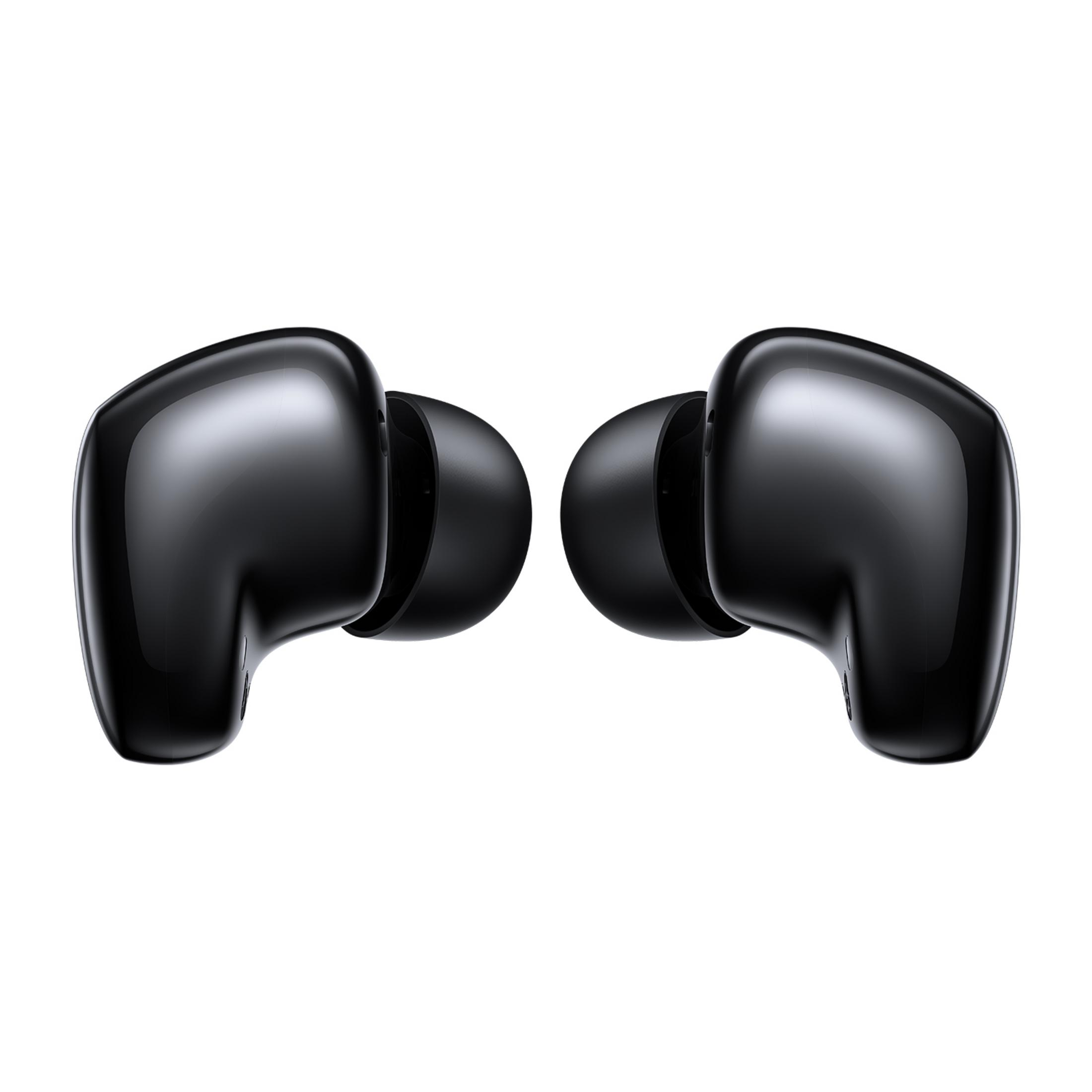 Dos auriculares inalámbricos negros brillantes uno al lado del otro.