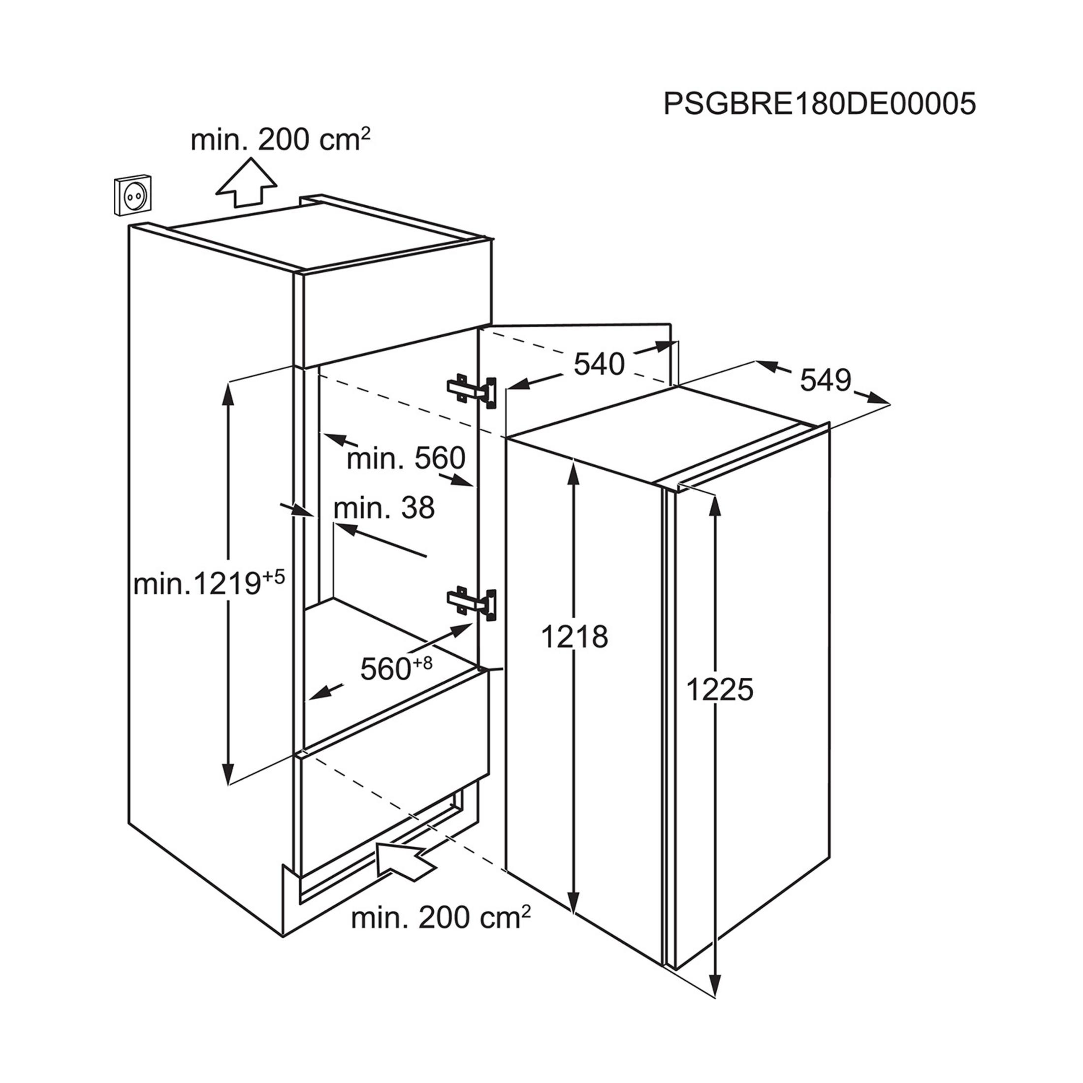 Rysunek techniczny lodówki do zabudowy z wymiarami i specyfikacjami.