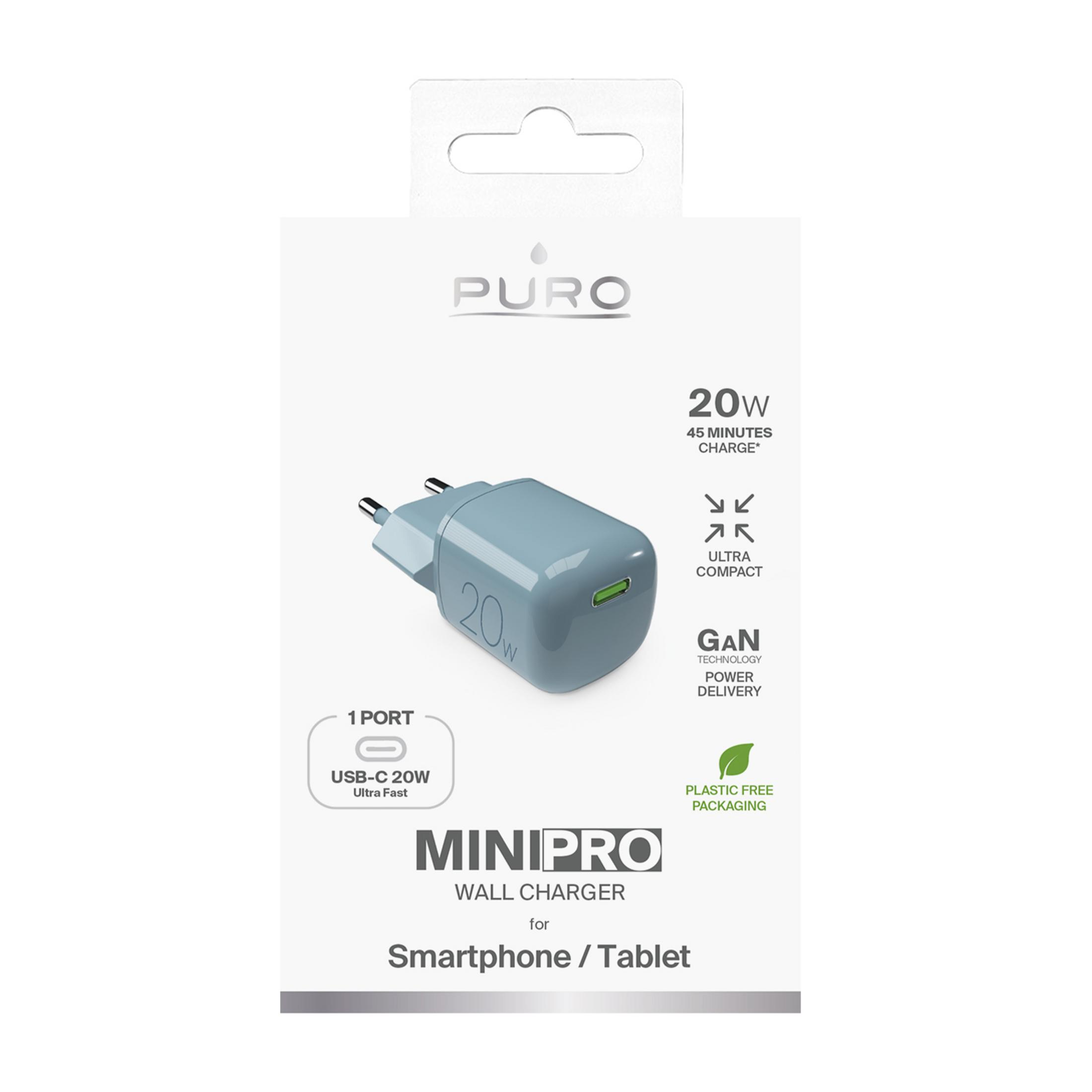 Un chargeur mural USB-C bleu clair de 20W avec technologie GAN.