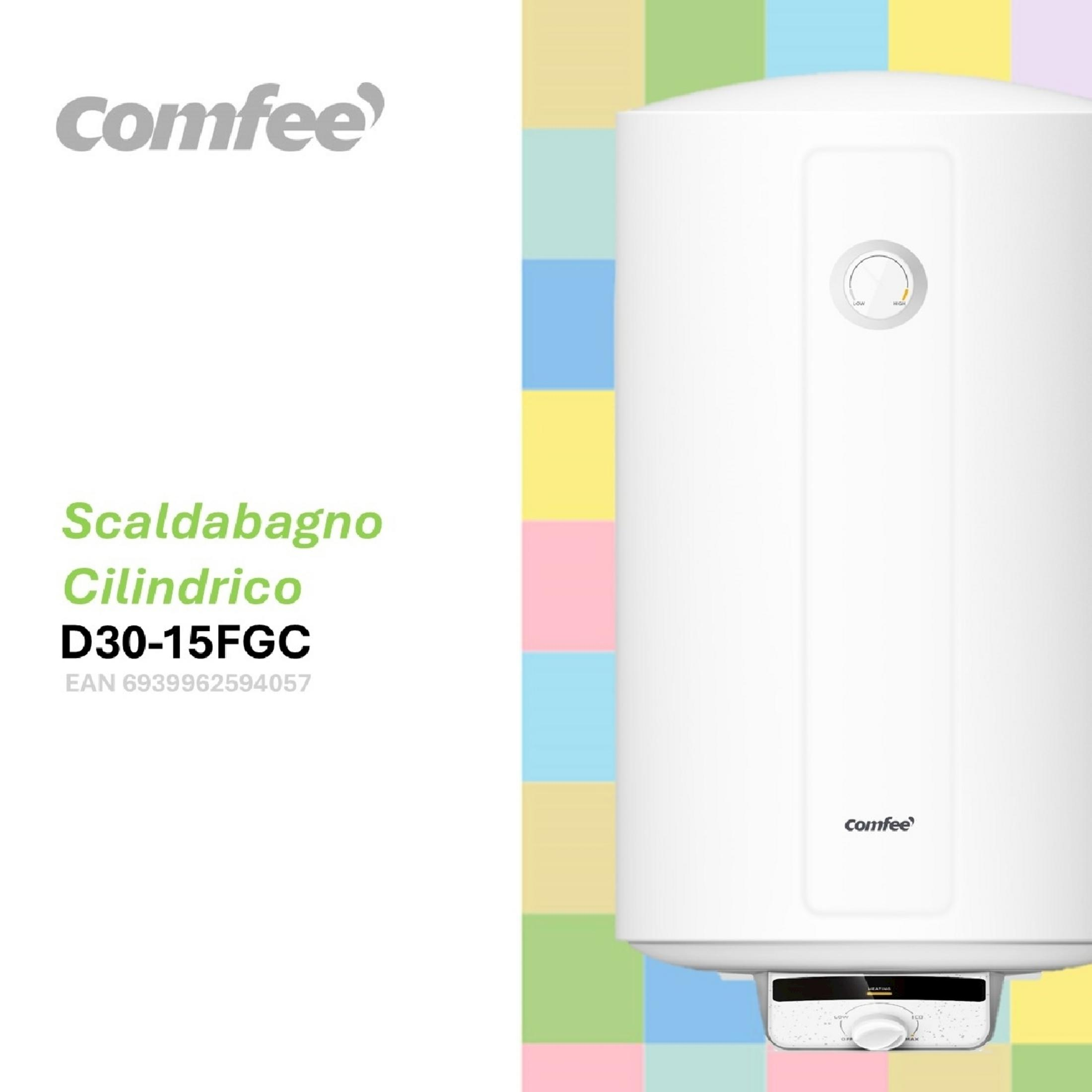 Un scaldabagno Comfee bianco con manopola di controllo e display.