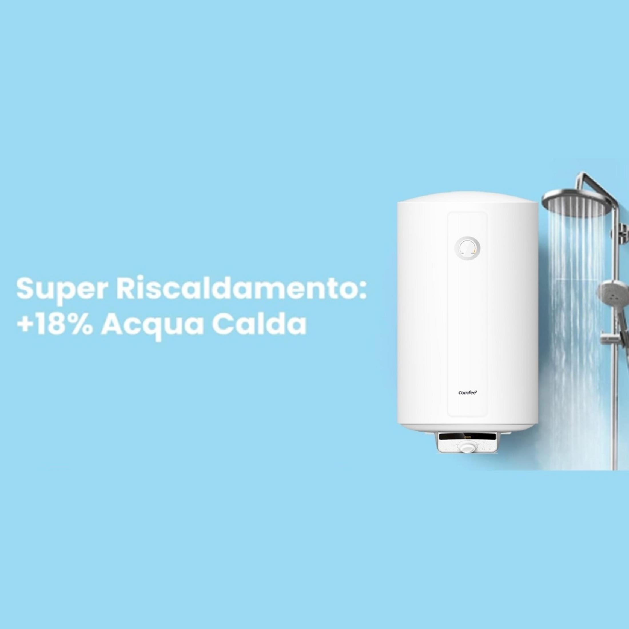 Uno scaldabagno bianco accanto a un soffione della doccia con acqua che scorre.