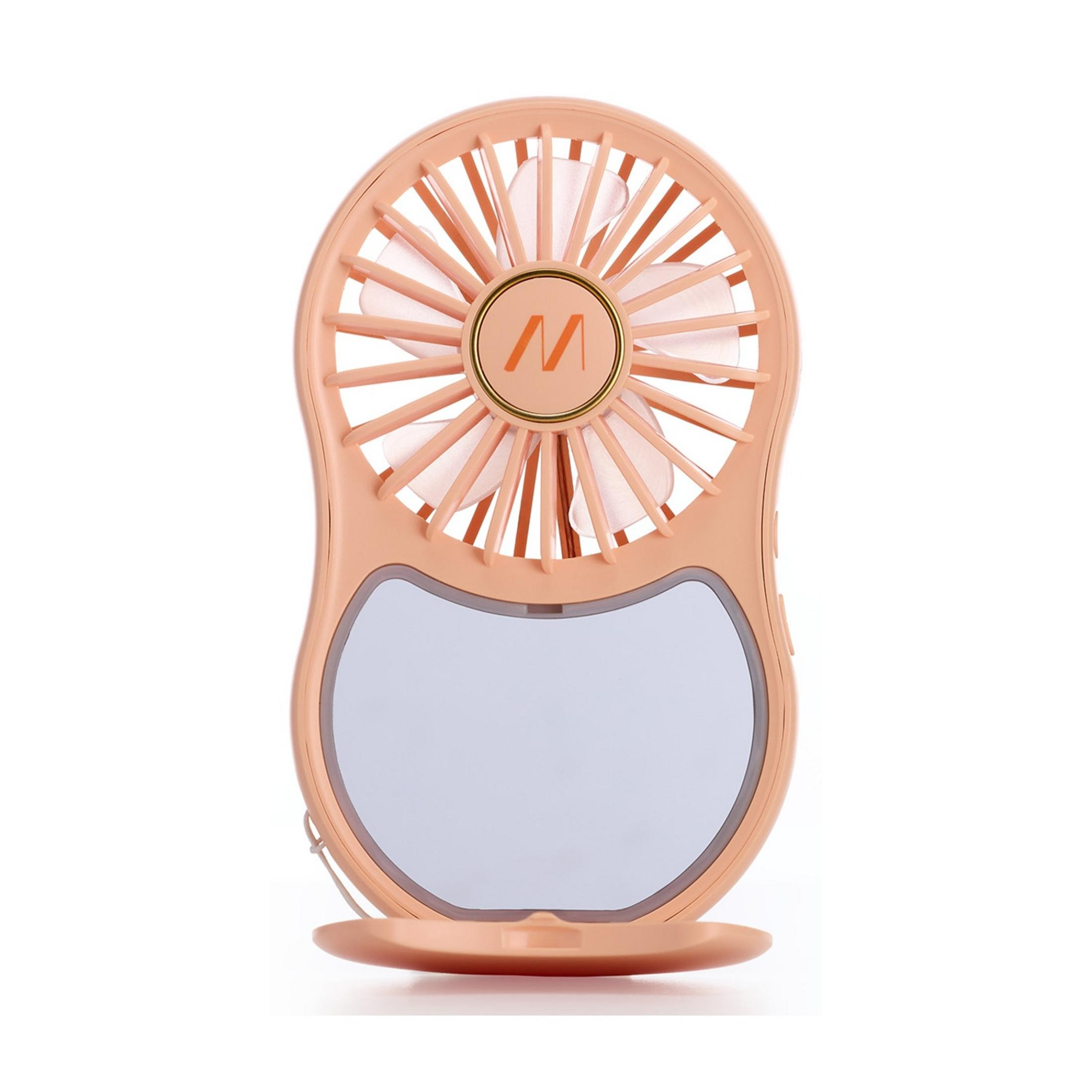 Un mini ventilatore color pesca con specchio e logo M.