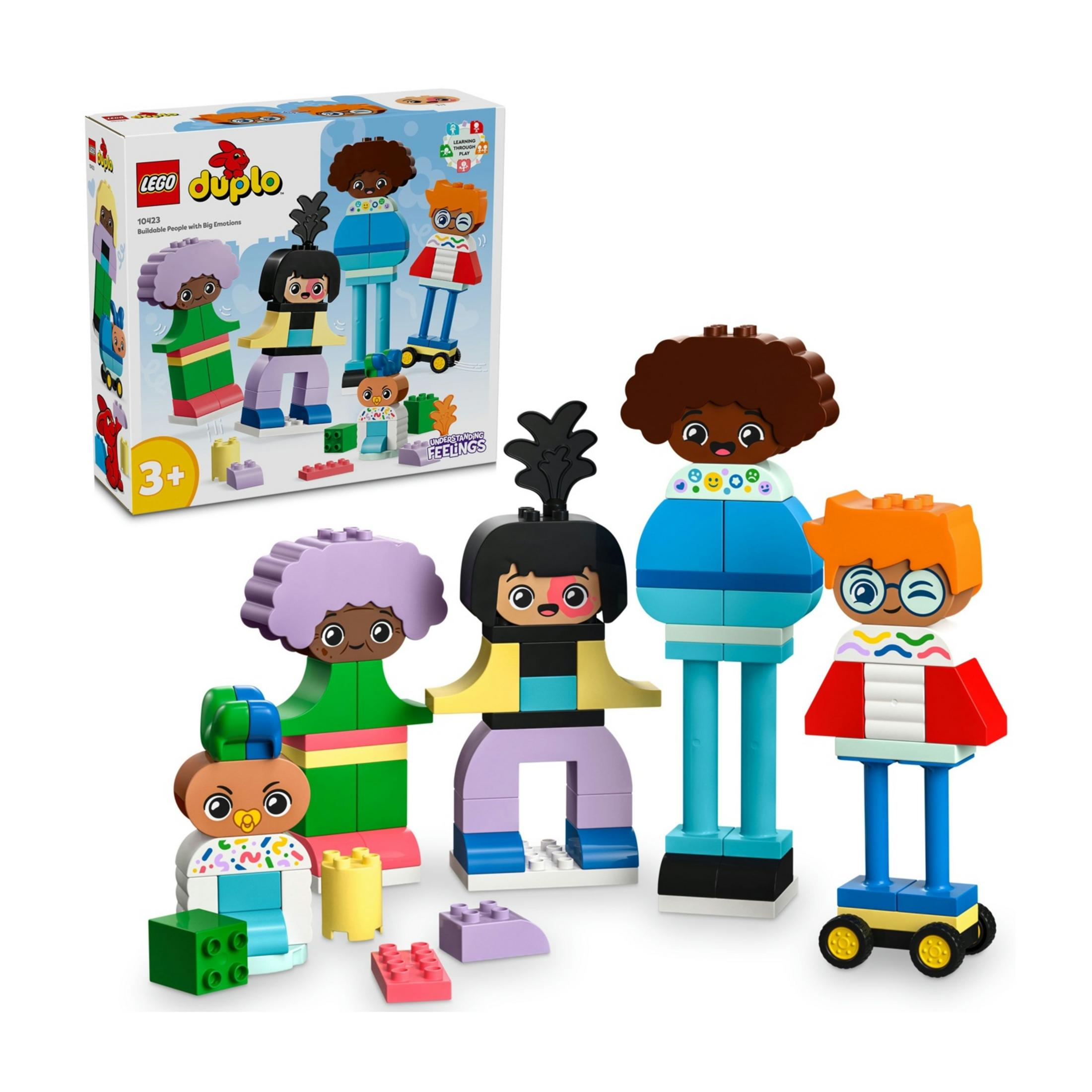 Figurki Lego Duplo: Ptak, trzy osoby i pojazd w różnych kolorach.
