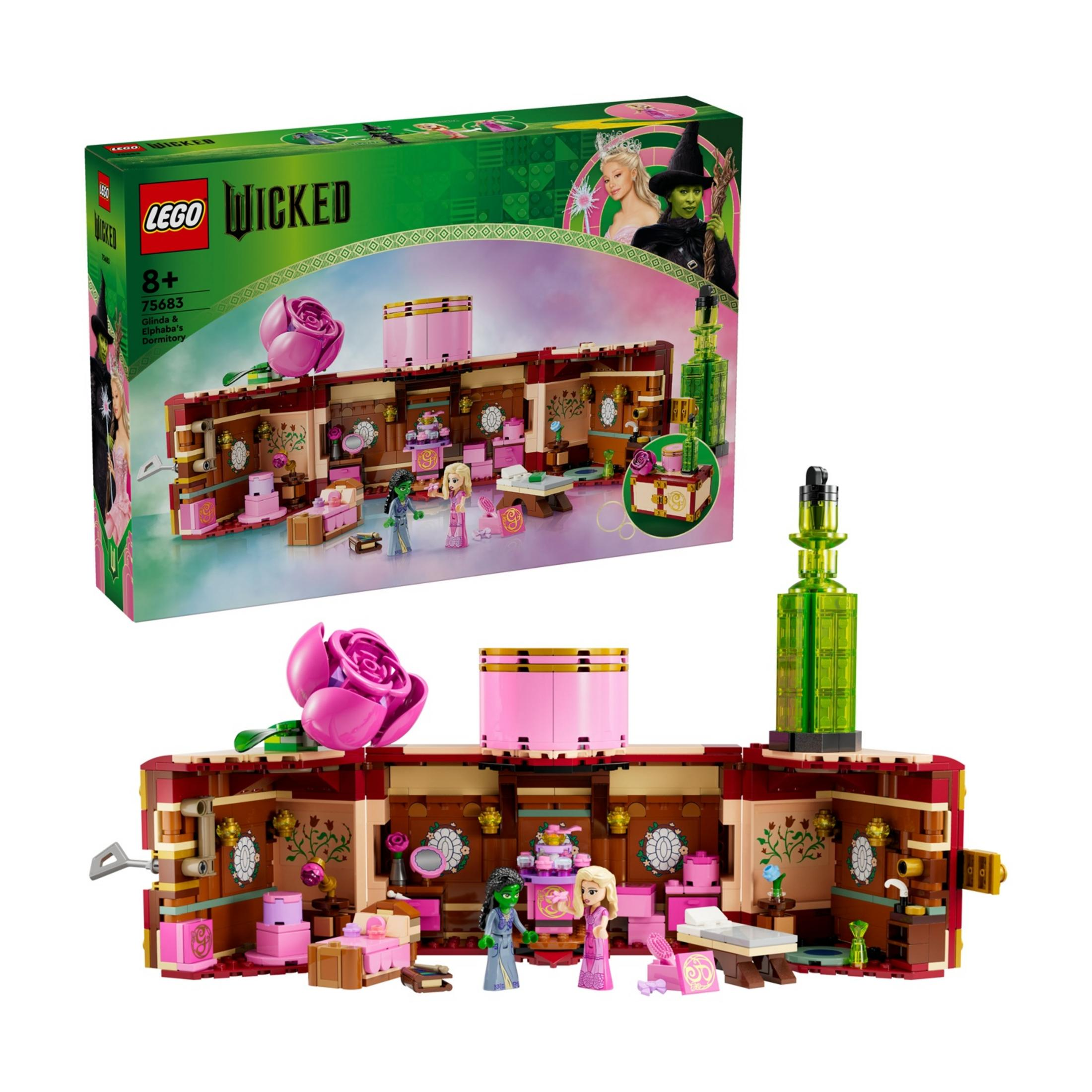 Zestaw LEGO Wicked Pokój Glindy i Elphaby z figurkami, łóżkiem, stołem i różą.