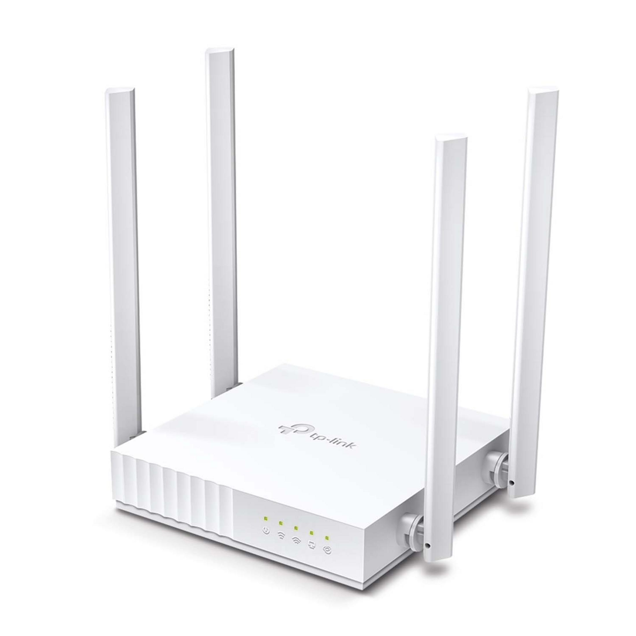 Biały router TP-Link z czterema antenami i lampkami statusu z przodu.