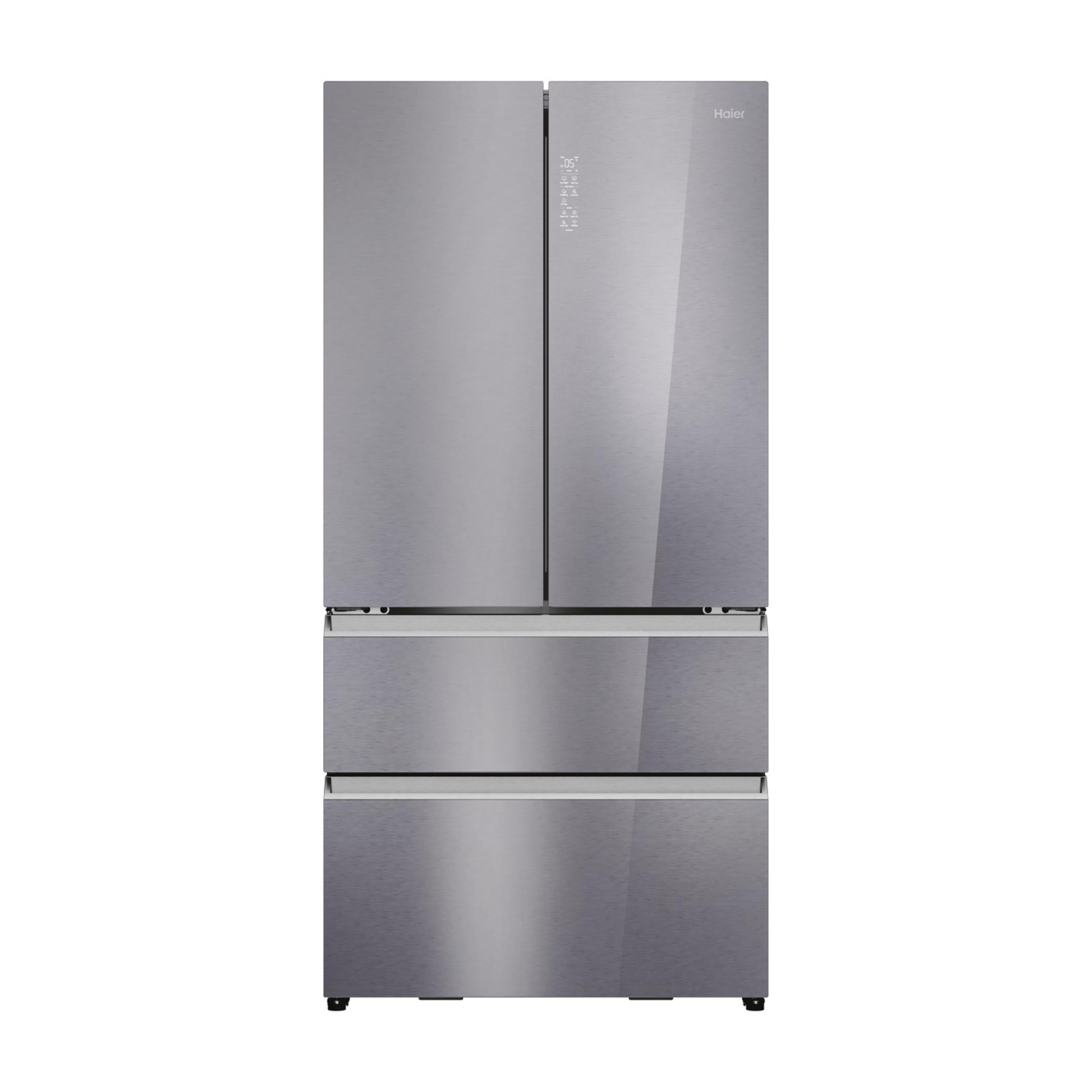 Un frigorifero Haier argentato a tre porte con display touchscreen.
