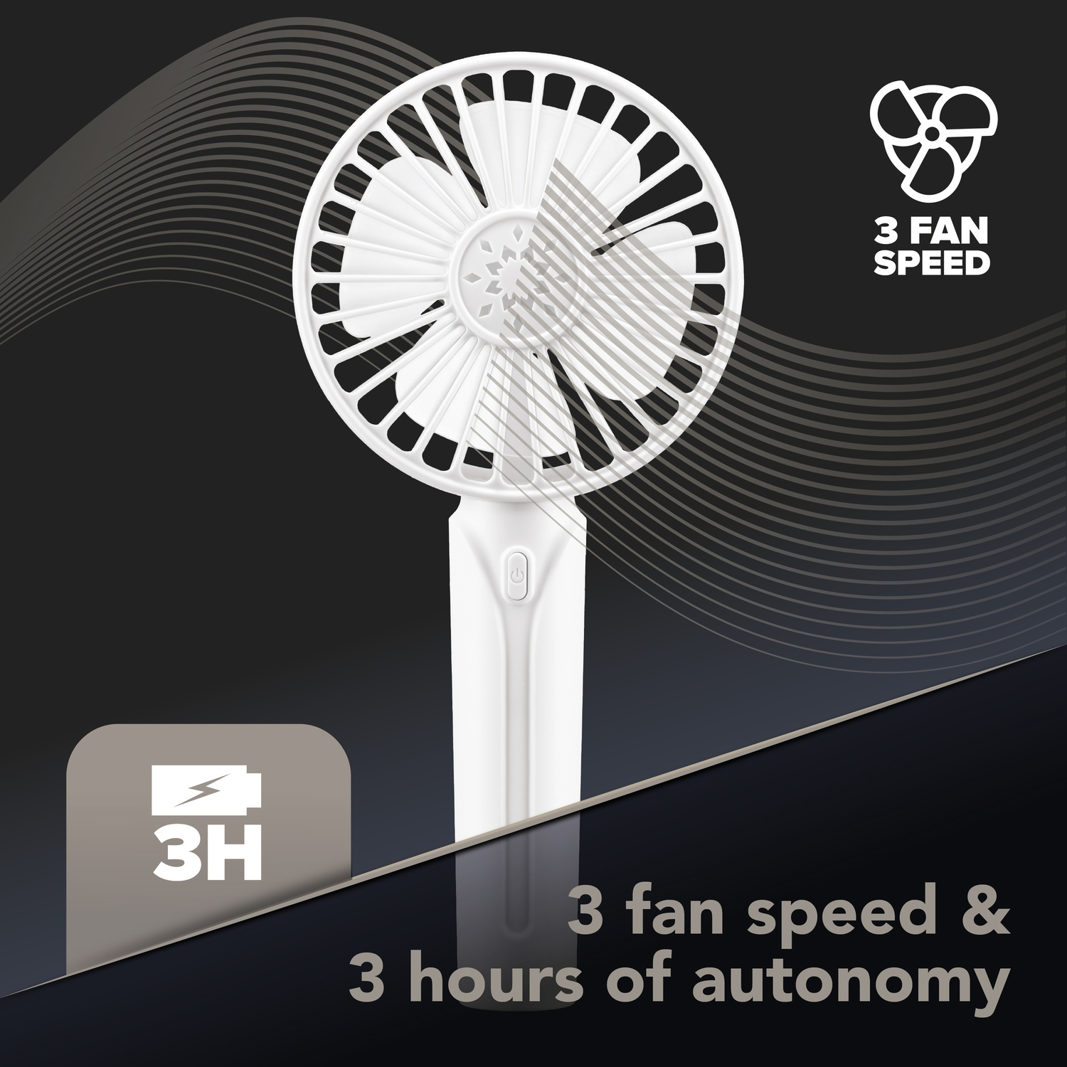 Un ventilatore bianco portatile con 3 velocità e 3 ore di autonomia.