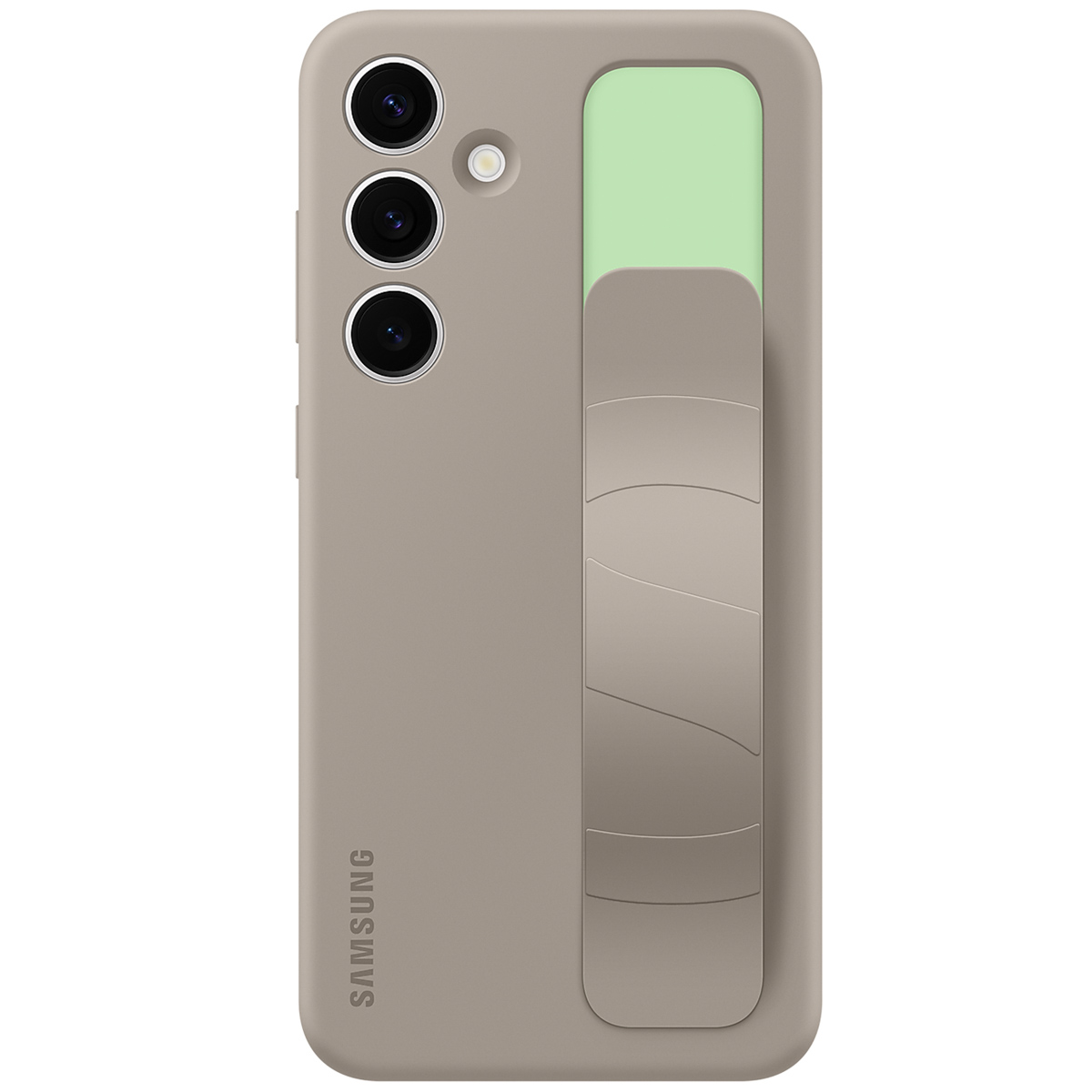 Tył telefonu Samsung w kolorze taupe z trzema aparatami i zielonym paskiem.