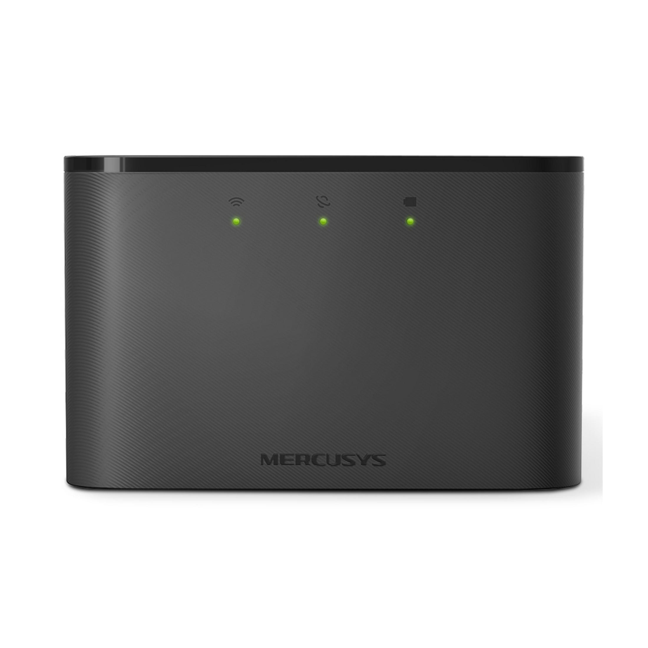 Un router Mercusys nero con tre spie verdi accese.