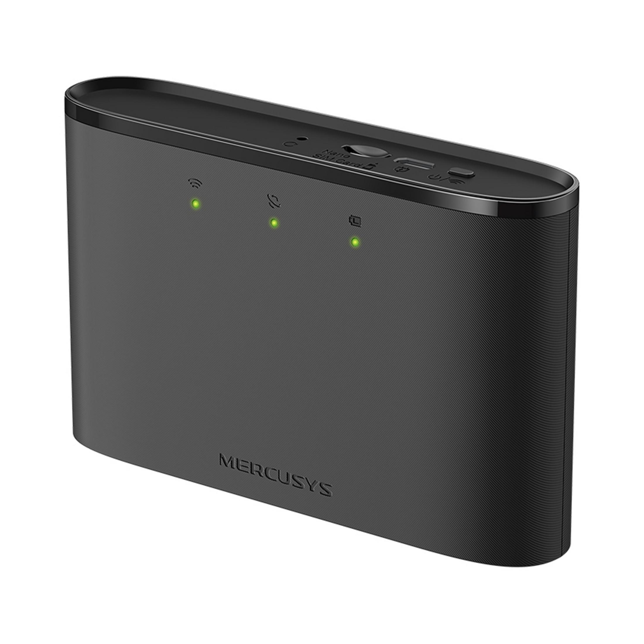 Un router MERCUSYS nero con indicatori LED verdi e porte superiori.
