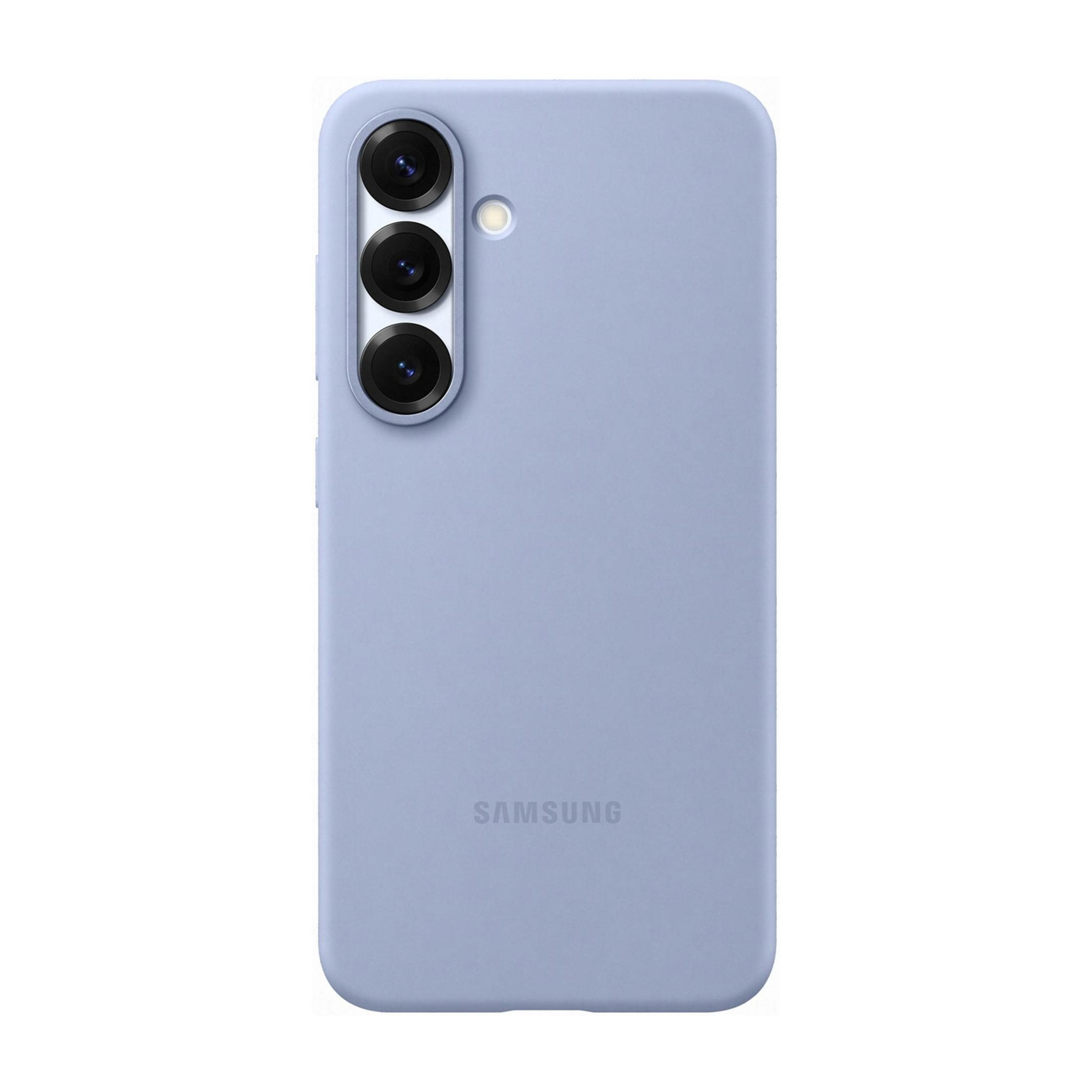 Custodia azzurra per telefono con tre lenti e logo Samsung.