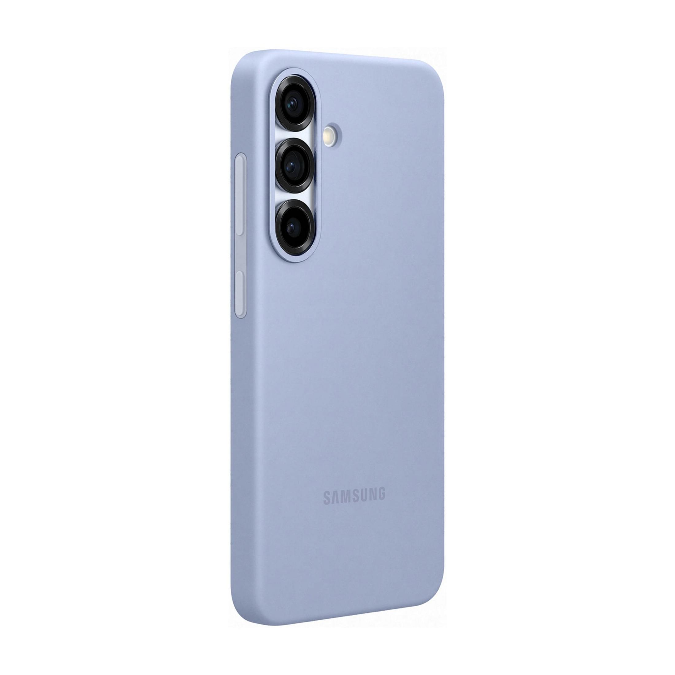 Custodia per telefono azzurro con tre fotocamere e logo Samsung.