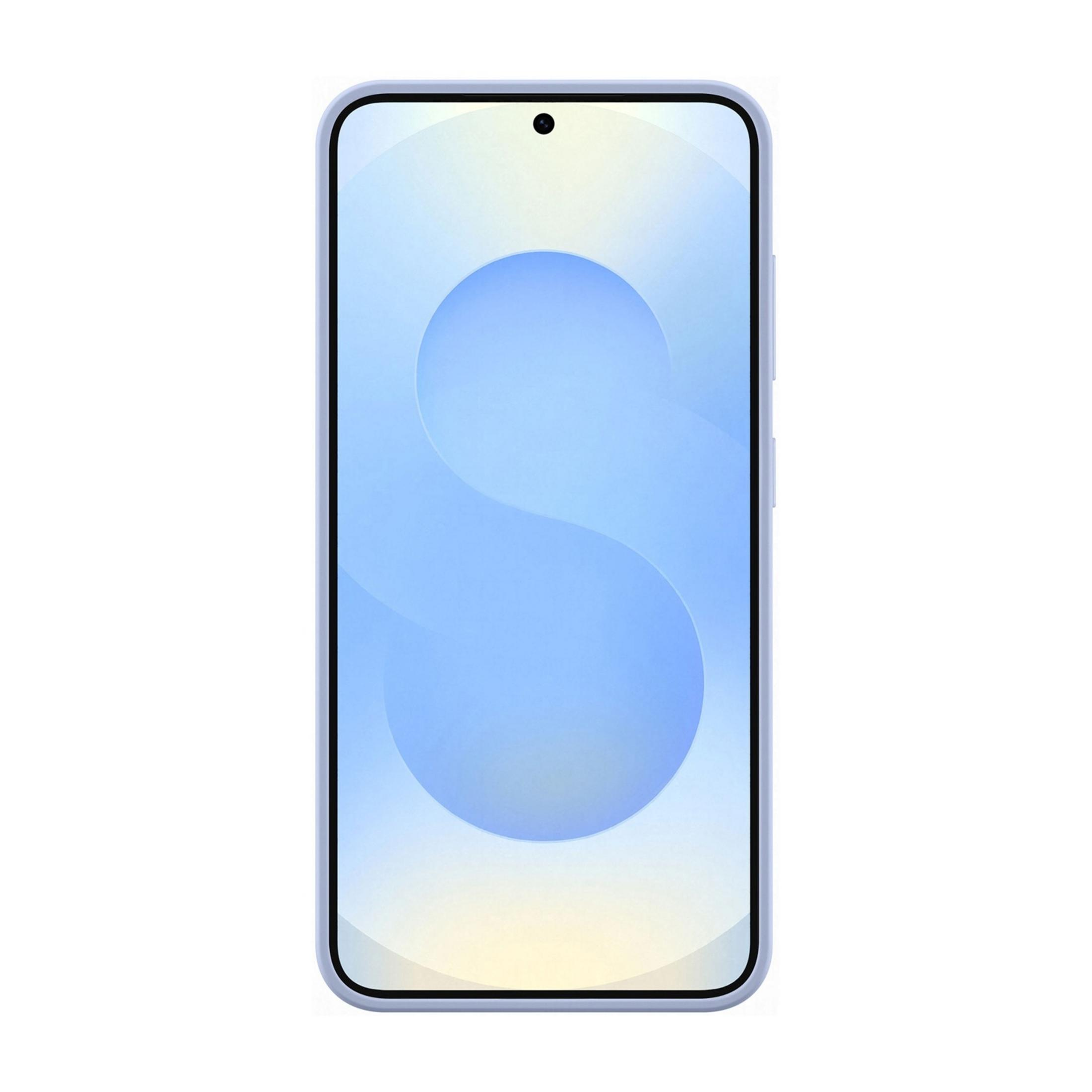 Uno smartphone viola chiaro con una grafica a forma di S sullo schermo.