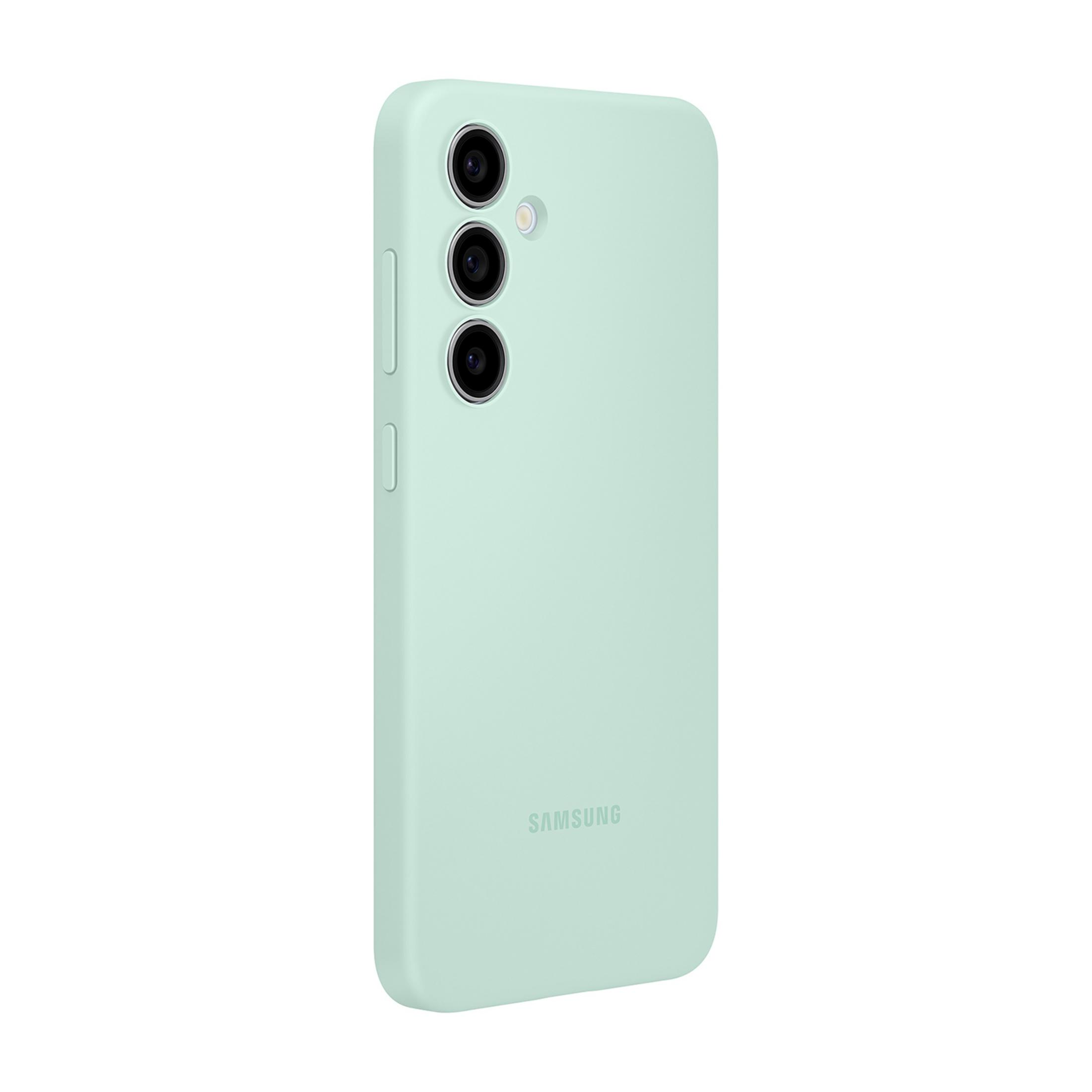 Een lichtgroene telefoonhoes met drie cameralenzen en een Samsung-logo.