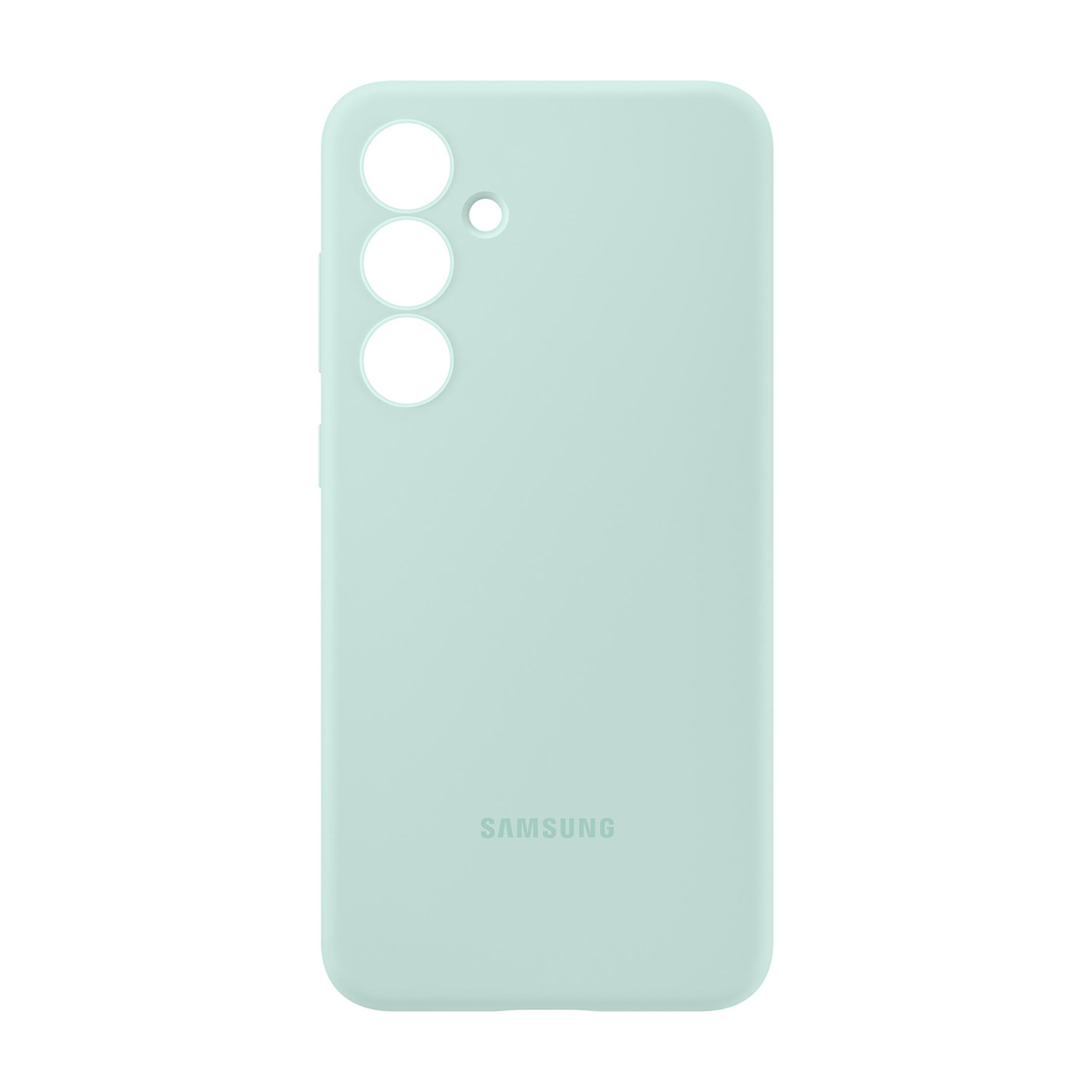 Lichtgroene telefoonhoes met drie cameralenzen en Samsung logo.