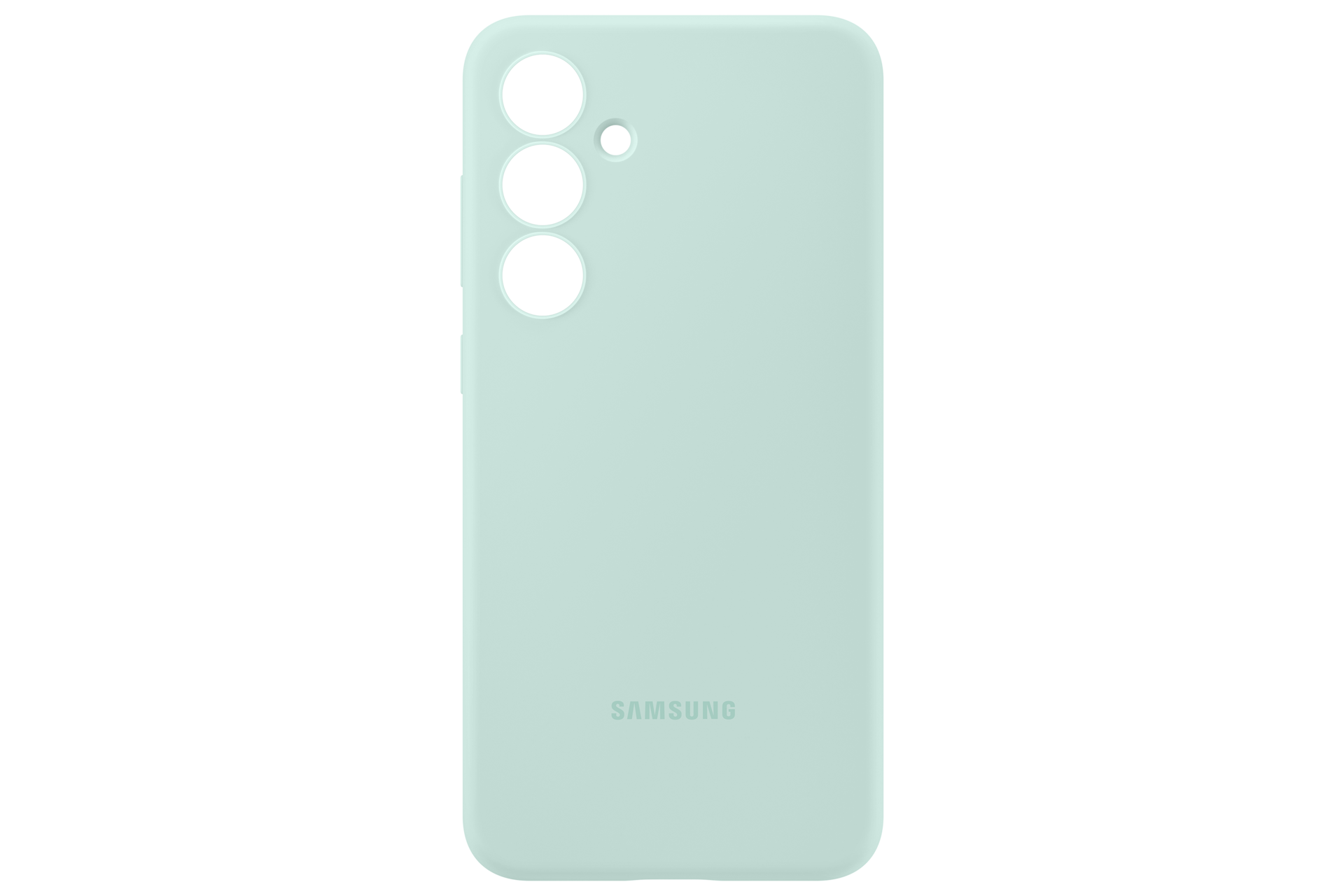 Licht mintgroene telefoonhoes met drie camera-uitsparingen en Samsung-logo.