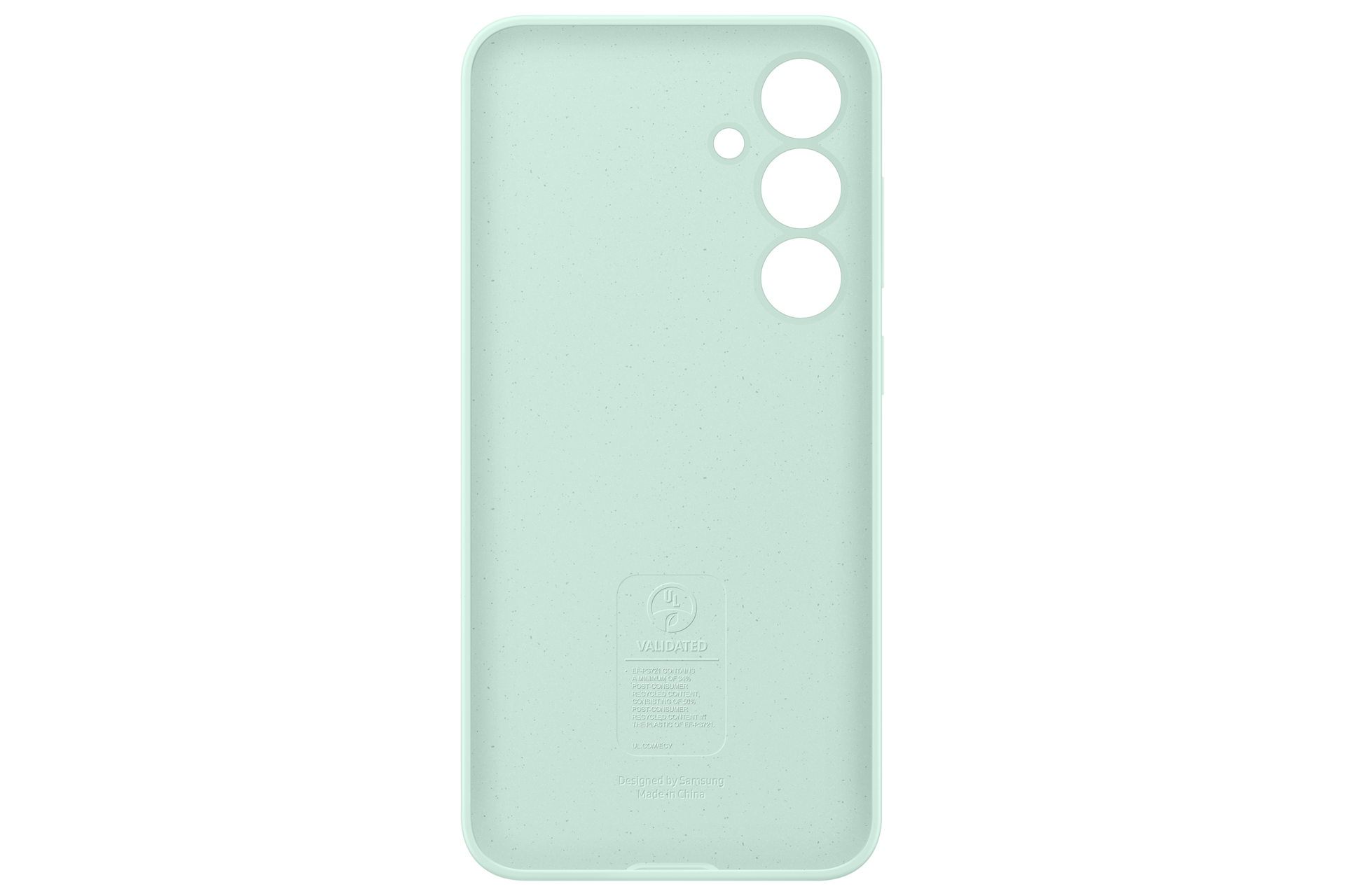 Lichtgroene telefoonhoes met drie camera-uitsparingen en een zegel op de achterkant.