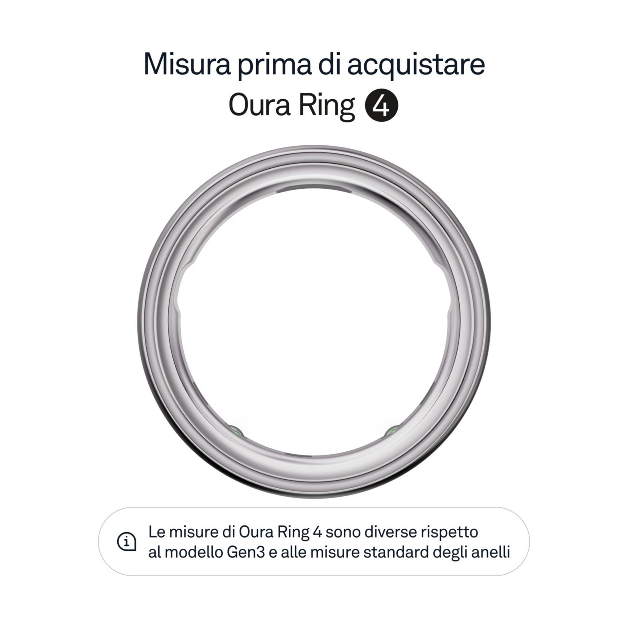 Oura Ring 4 in Silber, mit Text zur Größenmessung.