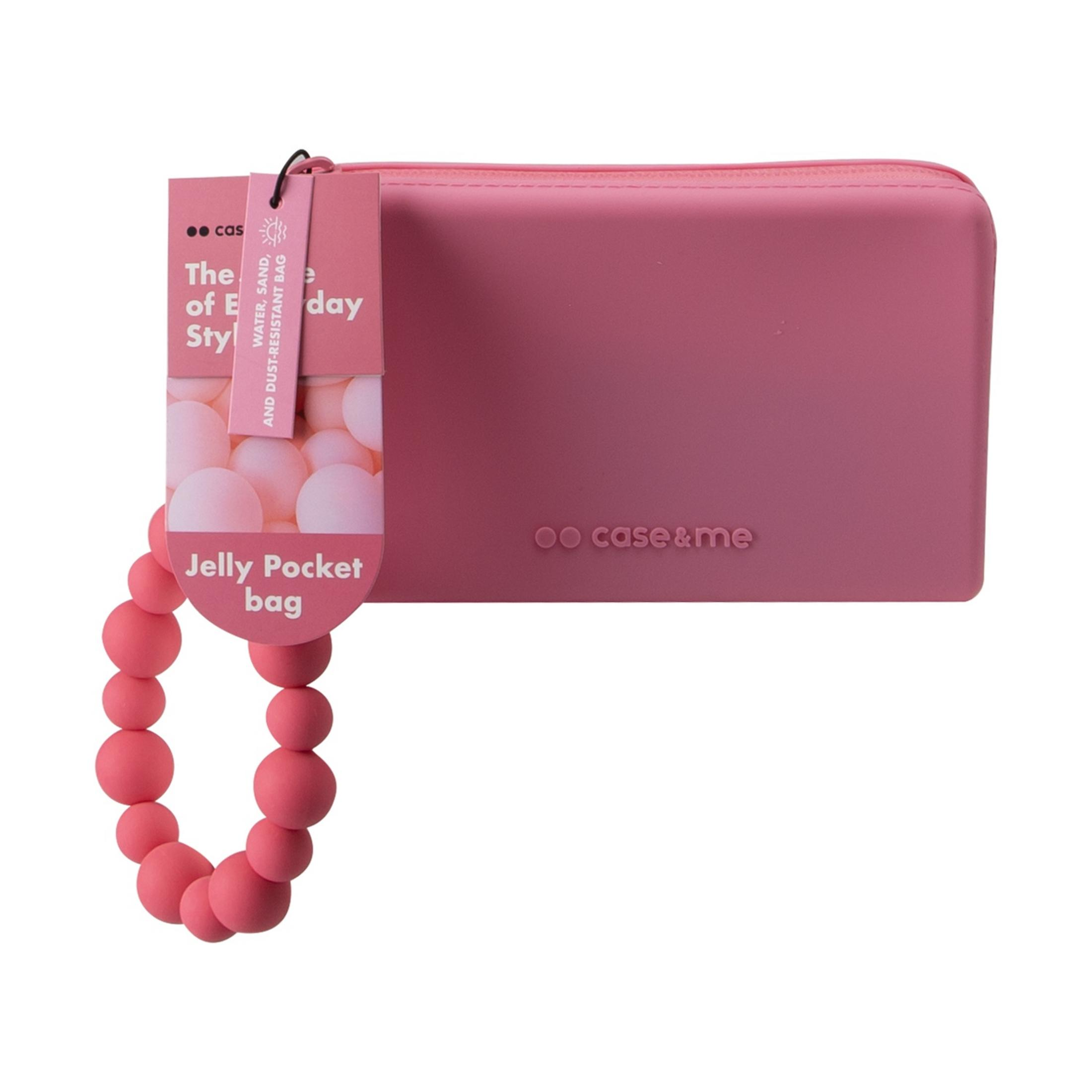 Un bolso Jelly Pocket rosa con asa de cuentas y etiqueta.