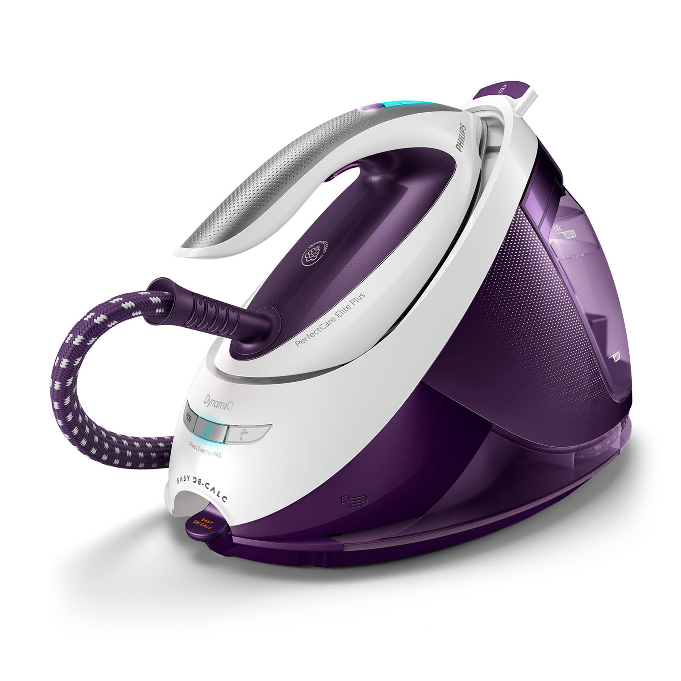 Fioletowe i białe żelazko parowe z widocznym zbiornikiem na wodę i wężem.