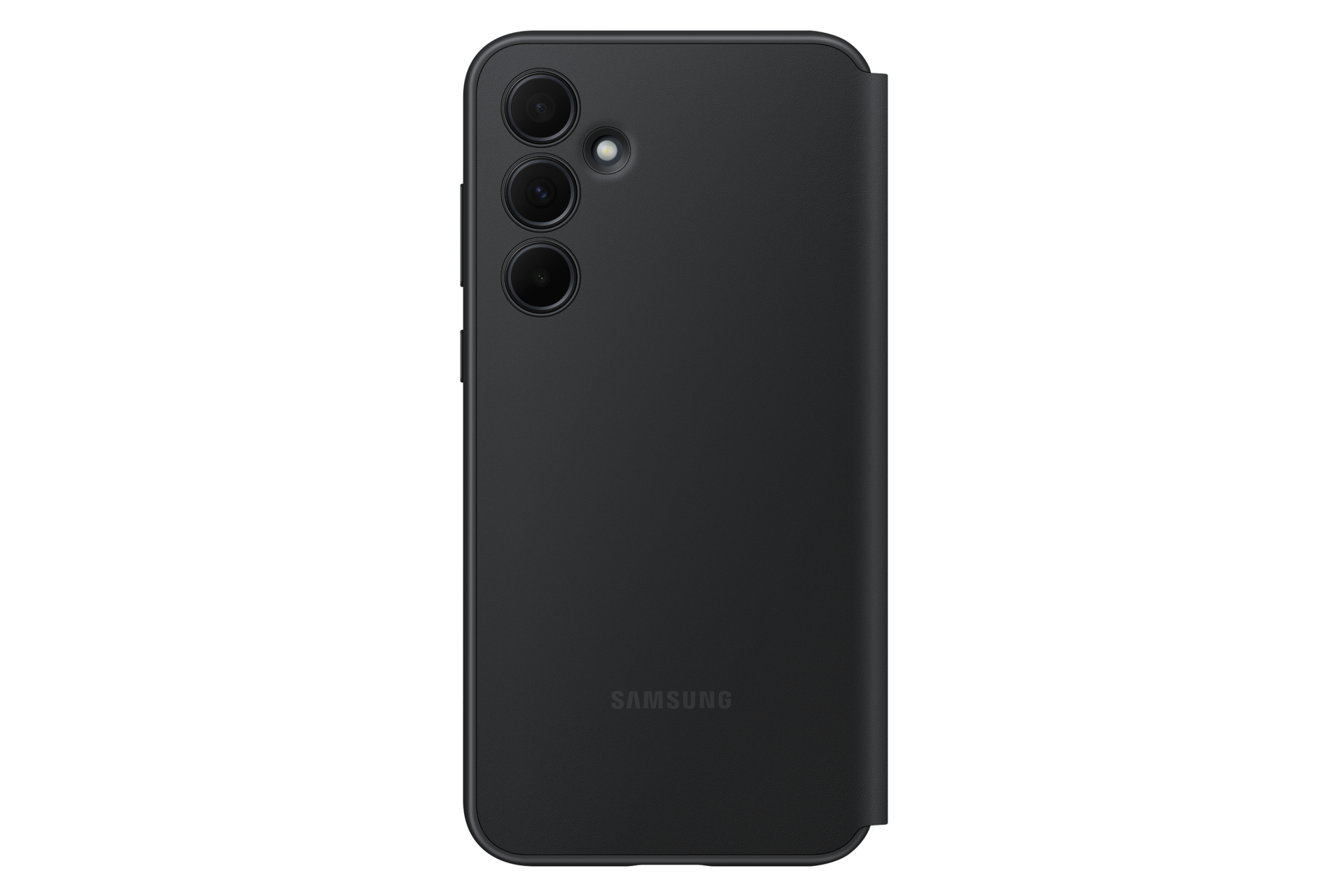 Schwarzes Samsung-Handy mit drei Kameras auf der Rückseite, auf weißem Hintergrund.