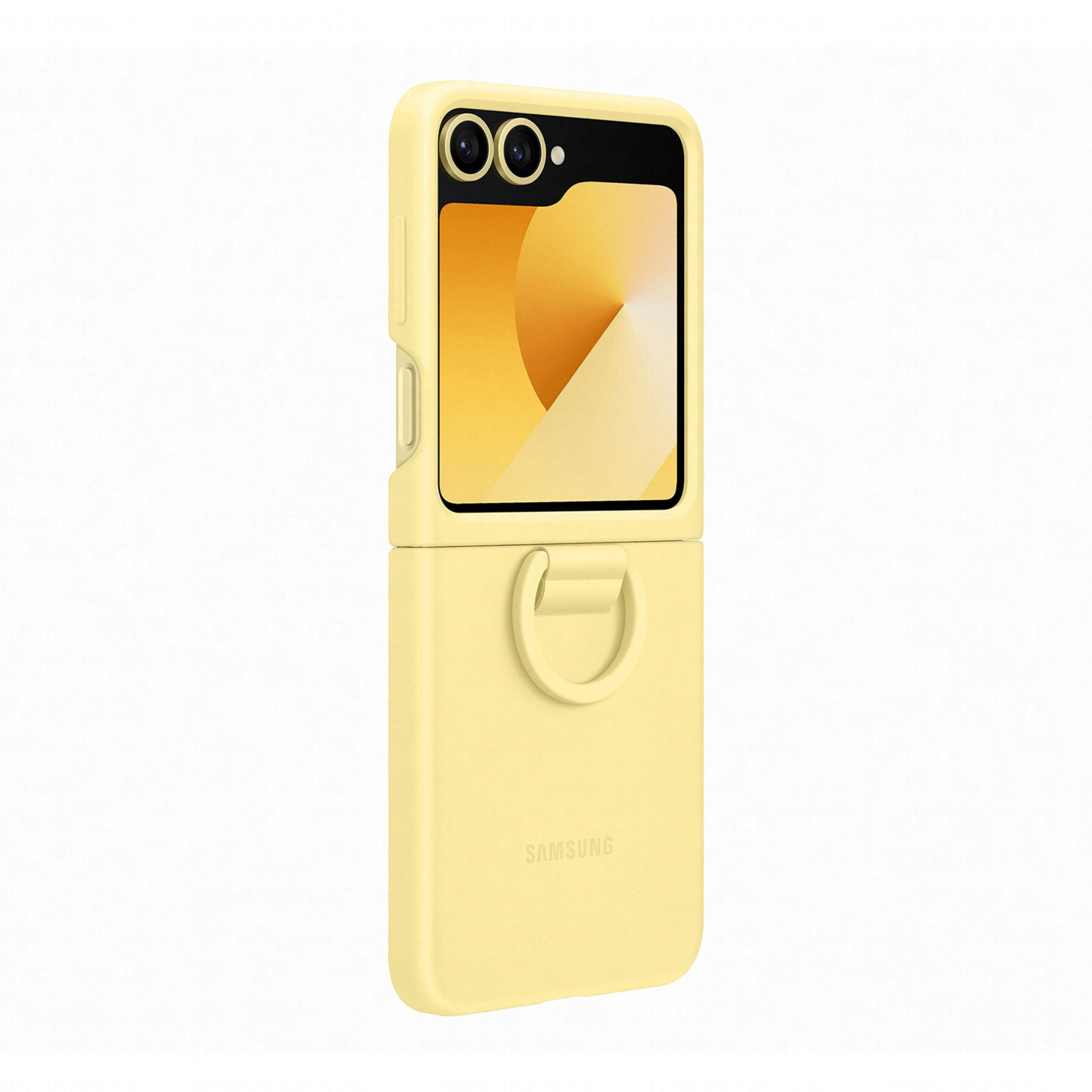 Una custodia gialla per telefono con anello integrato e area fotocamera.