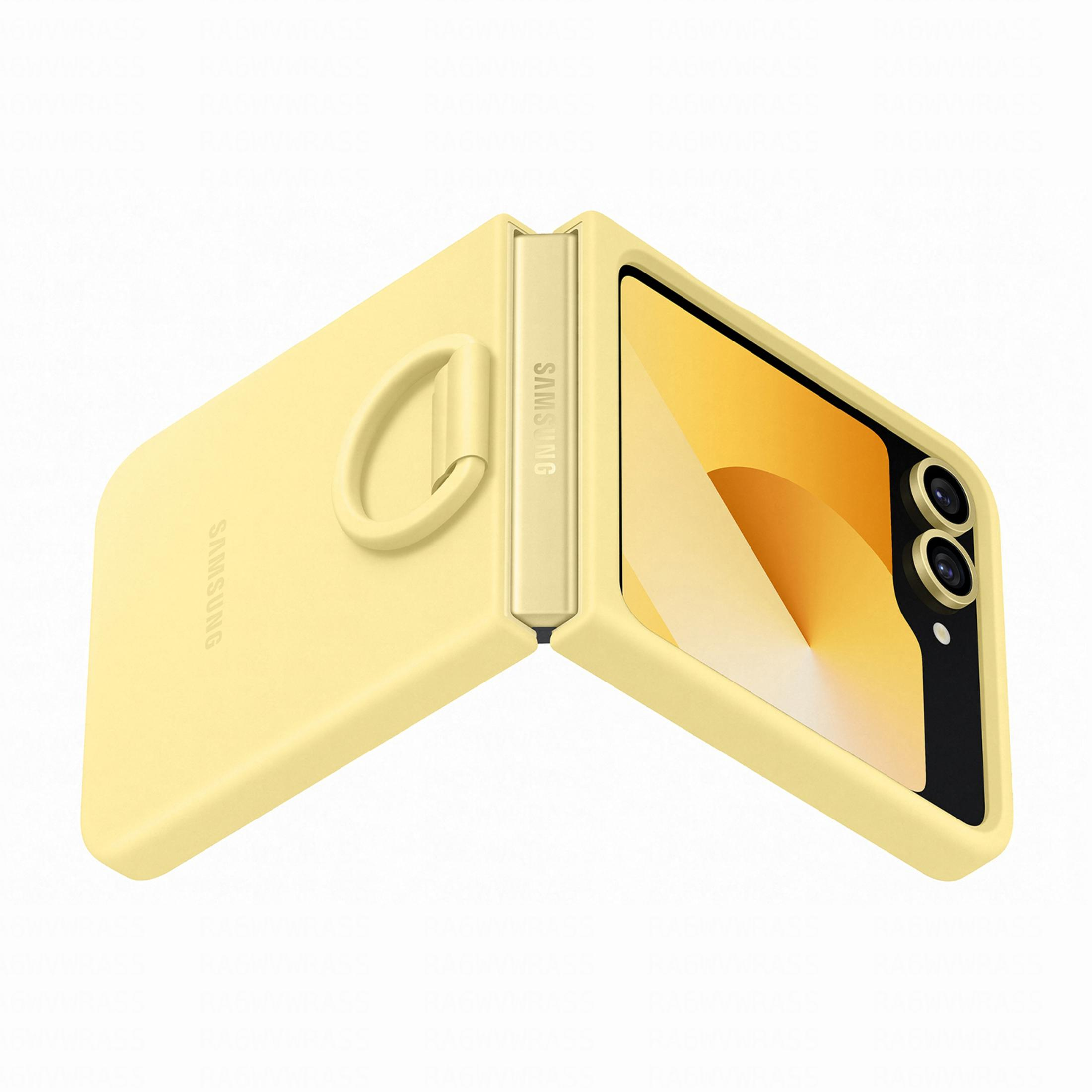 Un Samsung pieghevole giallo con cinturino ad anello, aperto a 3/4.