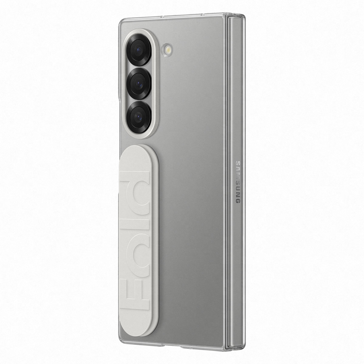 Srebrny telefon Samsung z trzema aparatami i białym uchwytem.