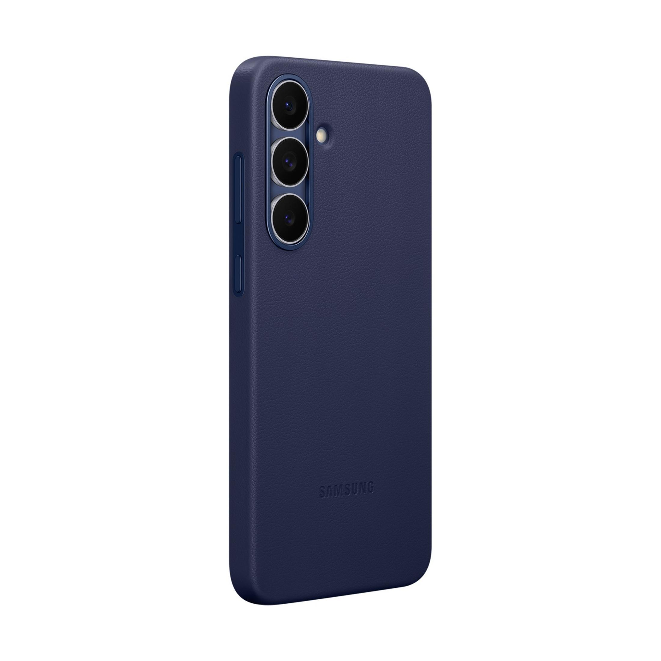Dunkelblaue Handyhülle mit drei Kameralinsen und Samsung-Logo.