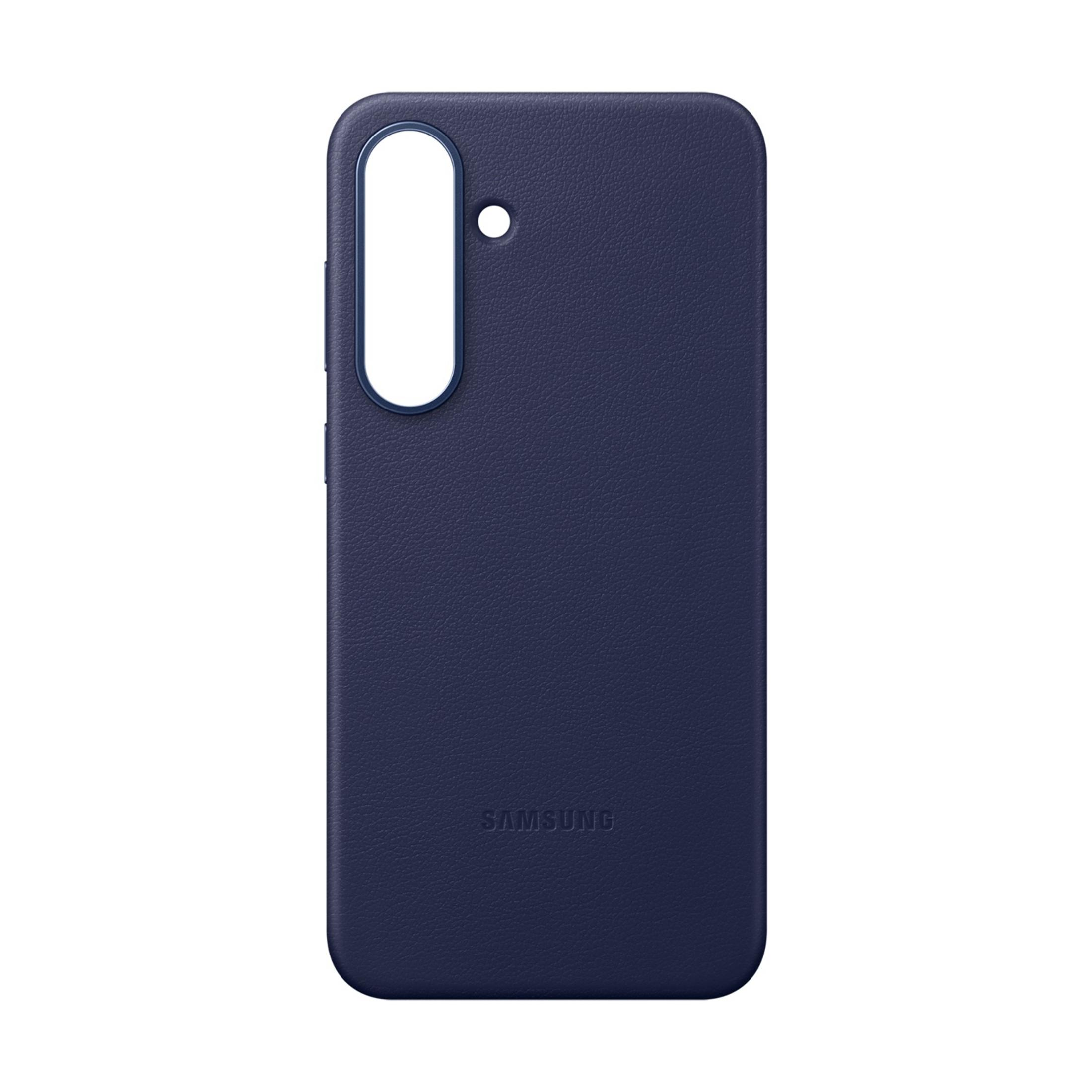 Dunkelblaue Handyhülle aus Leder mit Kameraaussparung und Samsung-Logo.