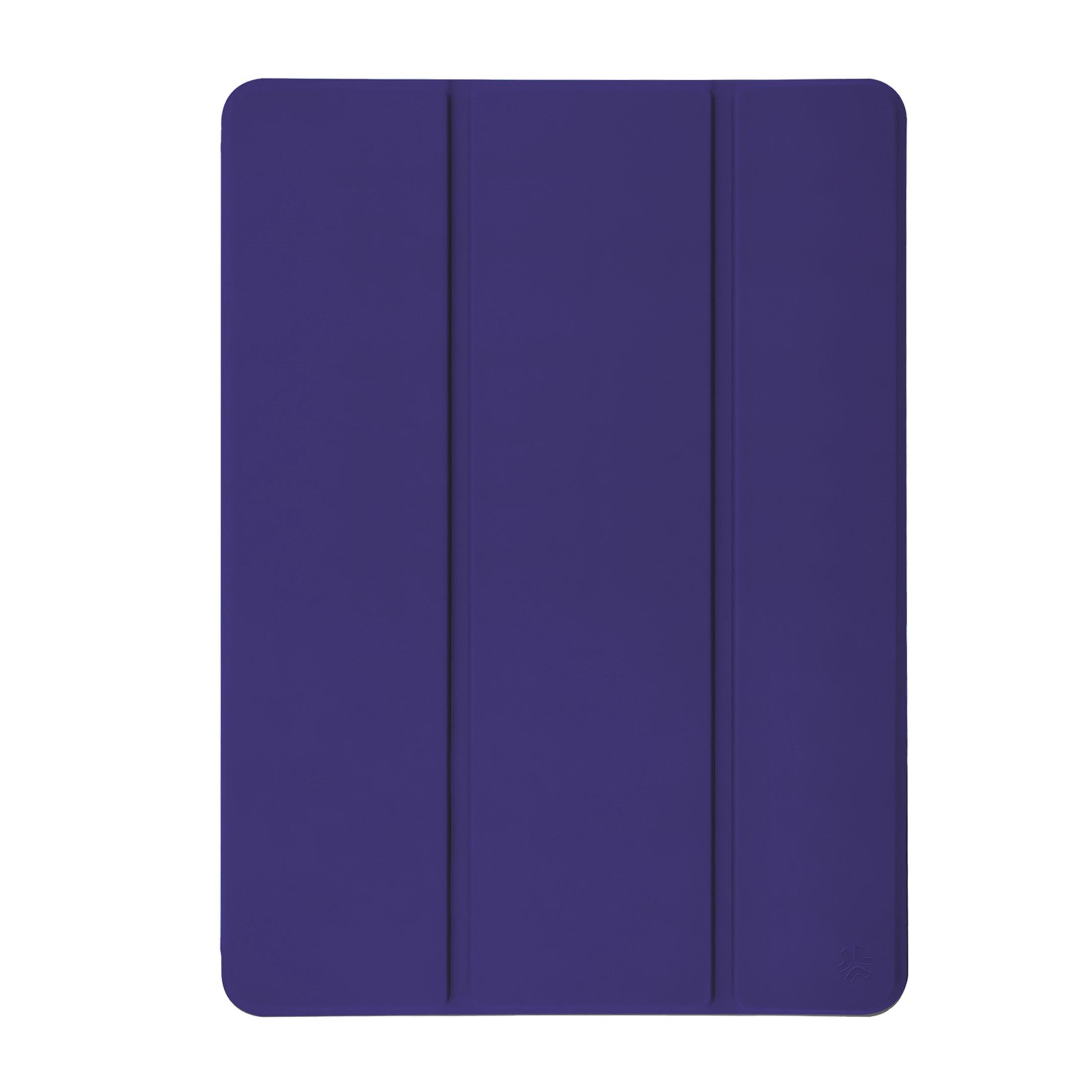 Custodia viola per tablet con tre pieghe verticali, su sfondo bianco.