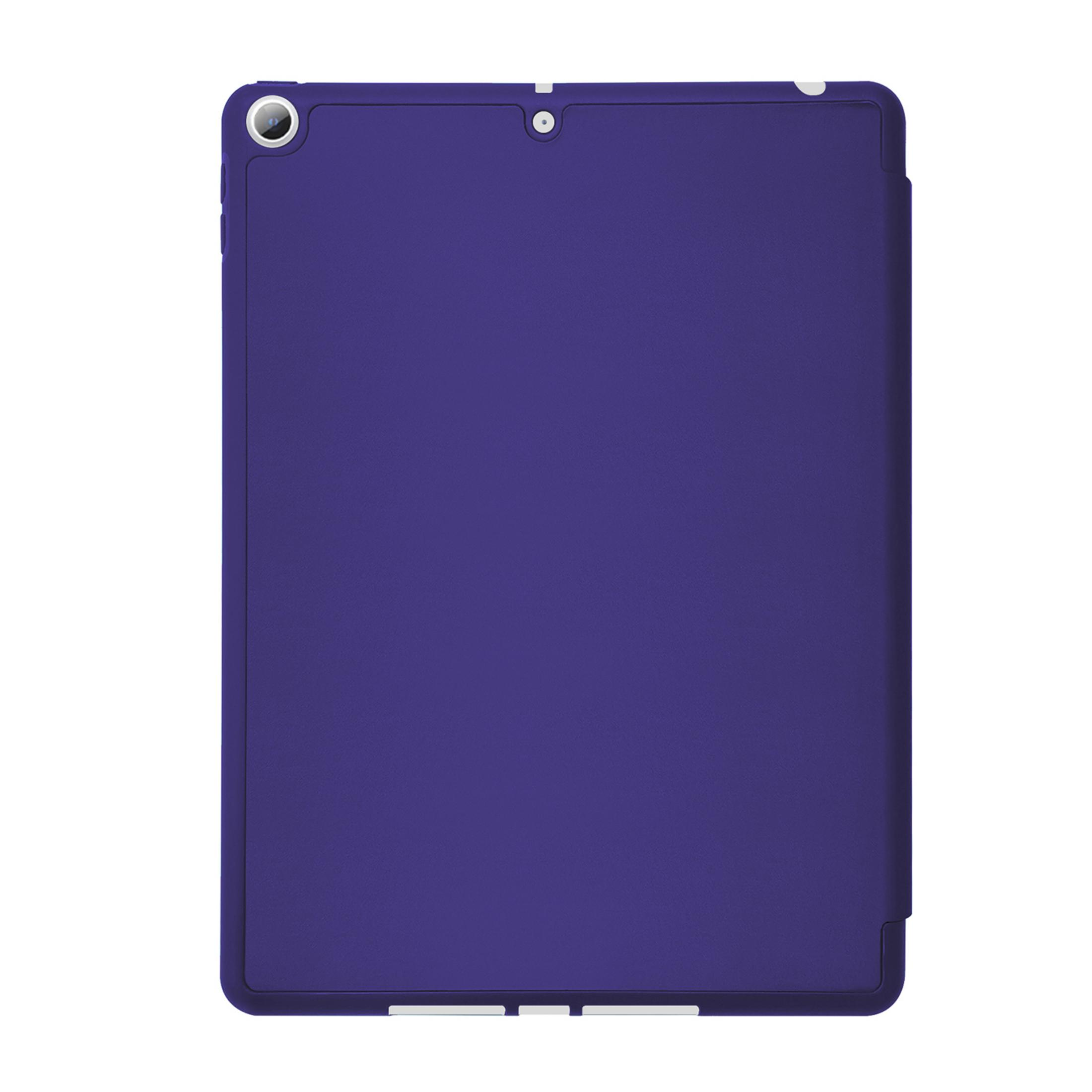 Custodia viola per tablet con ritagli per fotocamera e porta di ricarica.