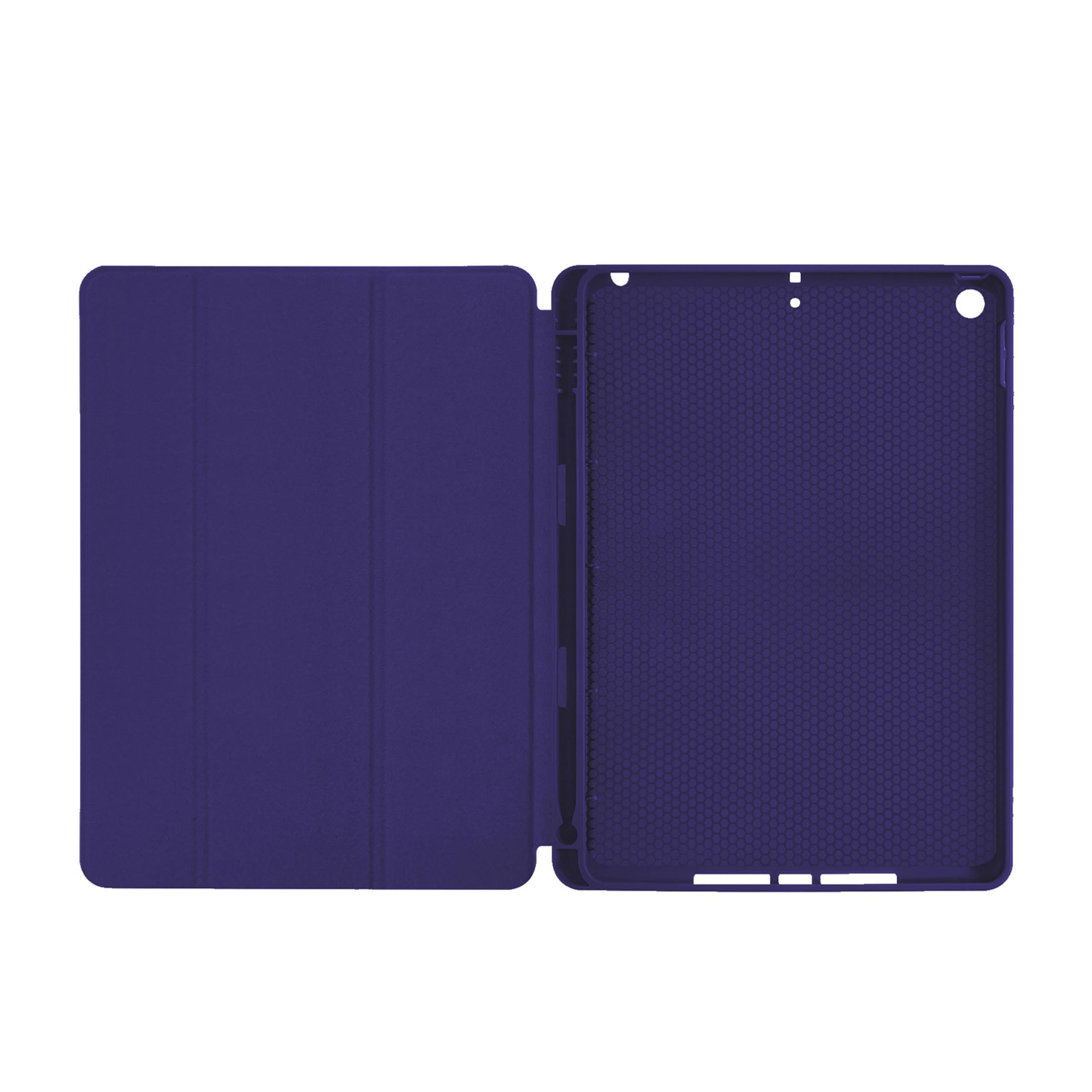 Custodia viola per tablet, aperta, con texture interna a nido d'ape.