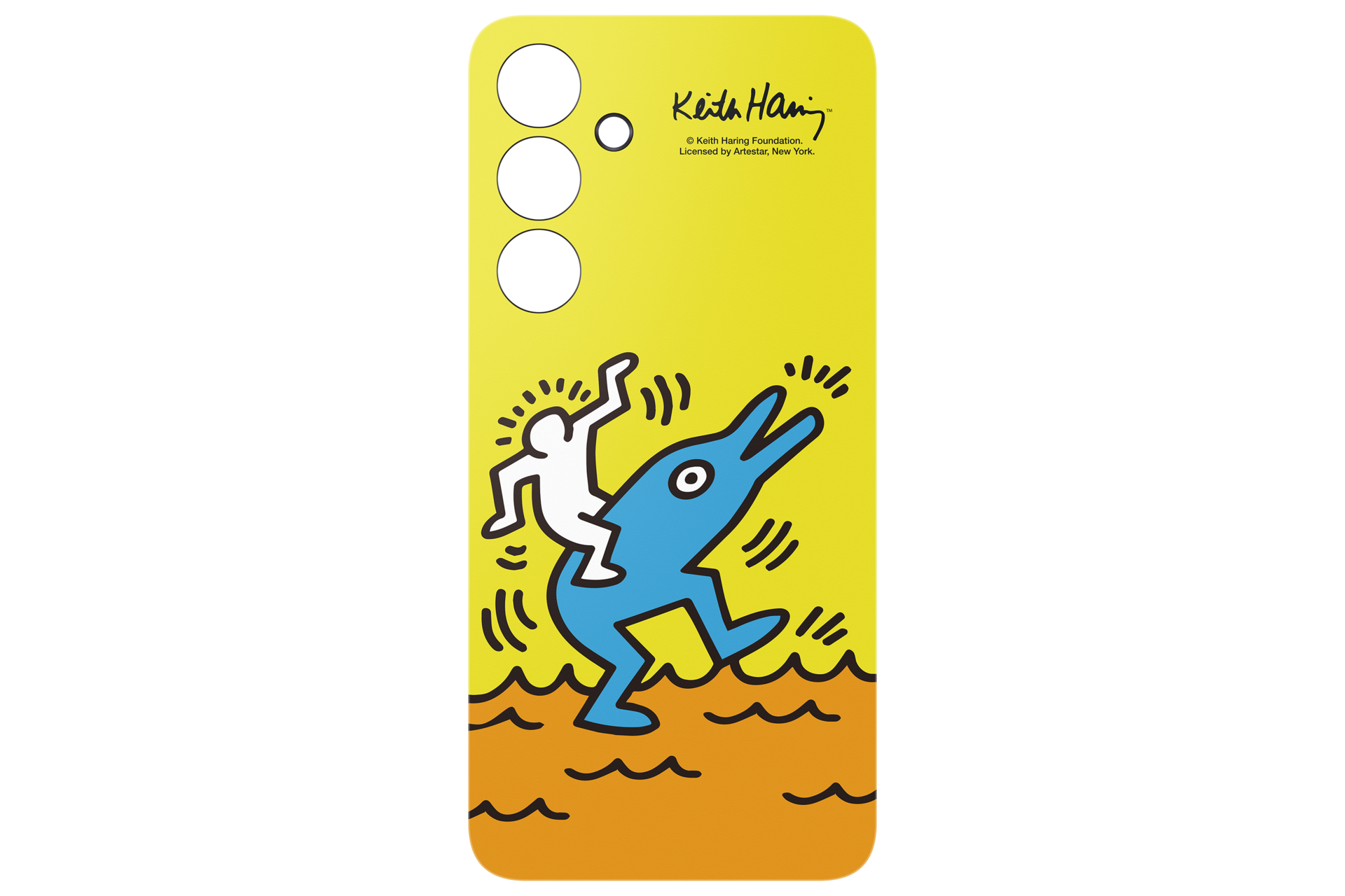 Custodia gialla per telefono con arte di Keith Haring: uomo cavalca delfino blu su onde.