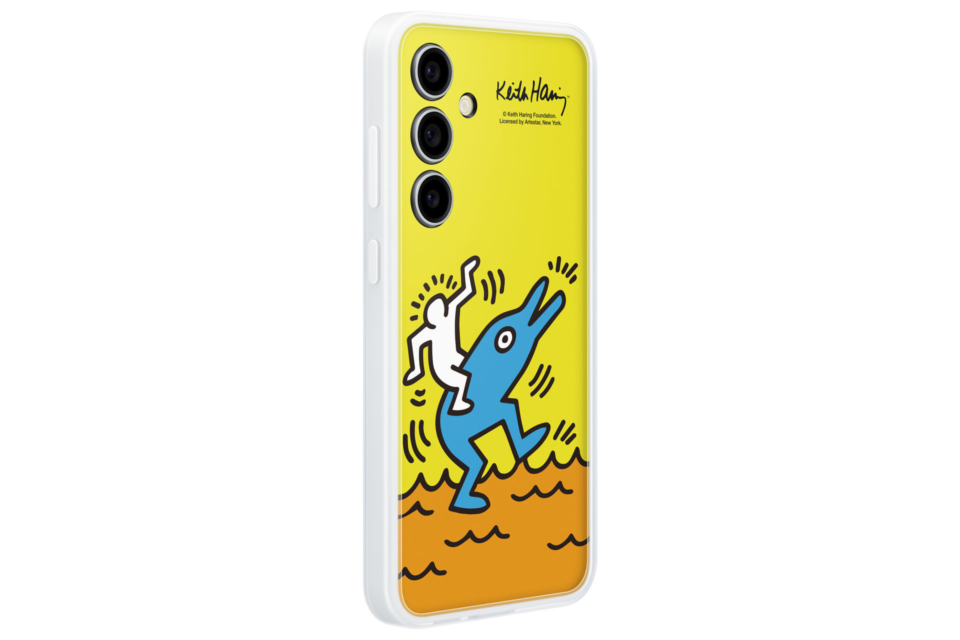 Custodia gialla per telefono con arte di Keith Haring: una persona su un delfino blu.