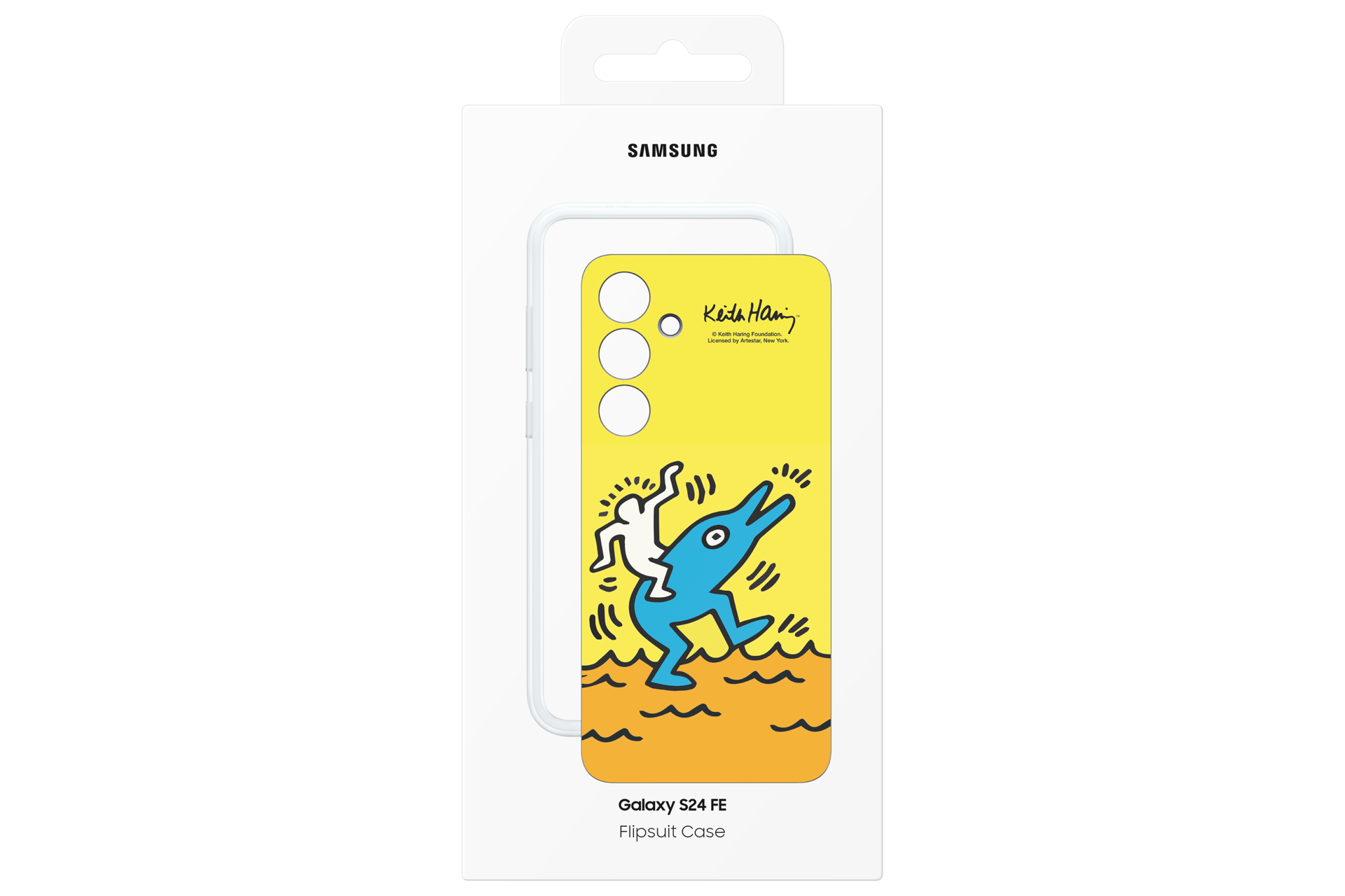 Custodia Samsung con arte di Keith Haring: uomo cavalca un delfino blu.