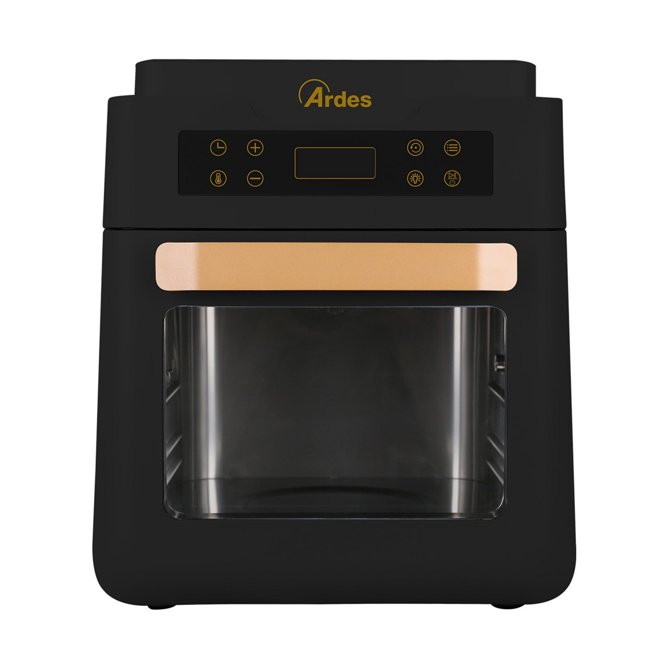 Czarny piekarnik Ardes z ekranem dotykowym i złotym akcentem nad oknem podglądu.