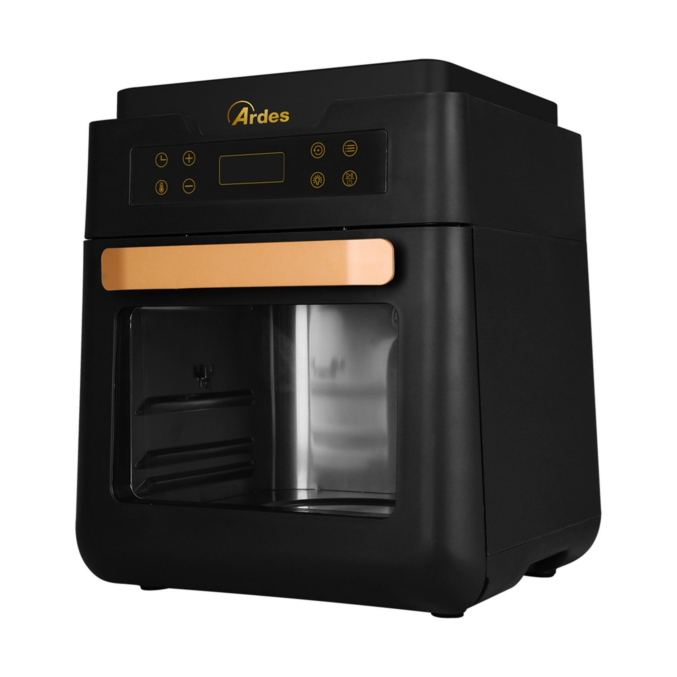 Czarna frytkownica beztłuszczowa z okienkiem i panelem sterowania.