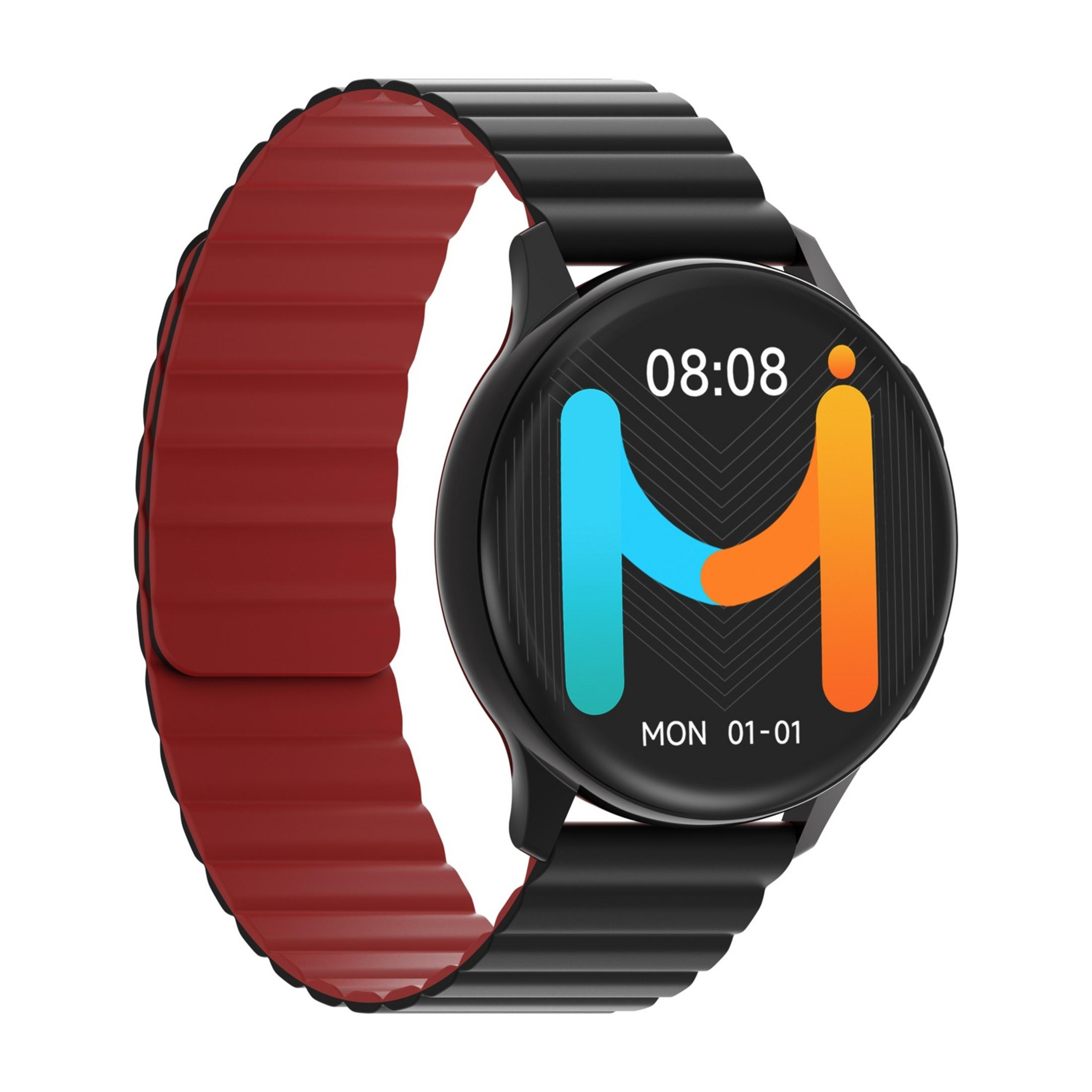 Uno smartwatch nero con cinturino rosso mostra le 08:08.