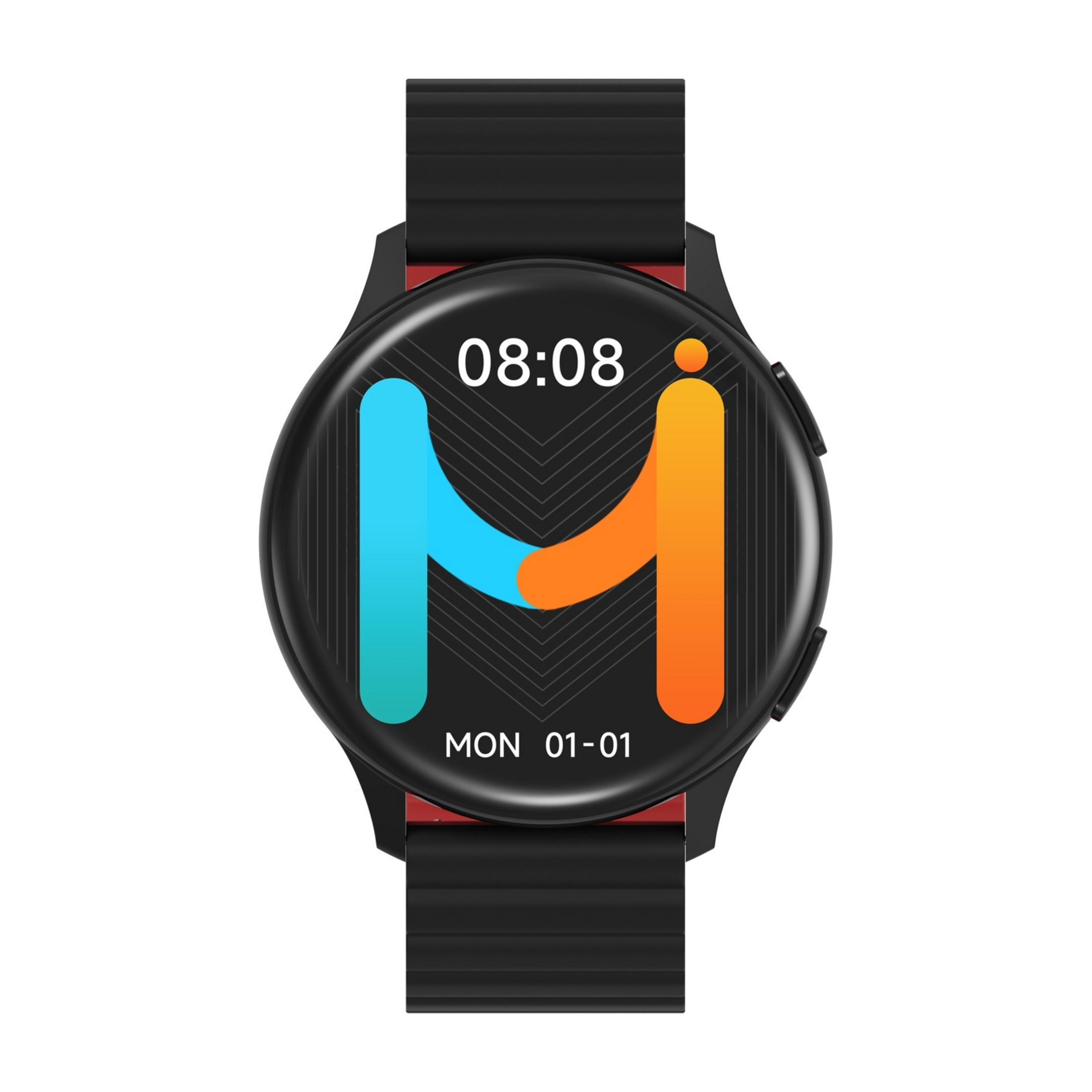 Uno smartwatch nero che mostra 08:08 sul suo quadrante colorato.