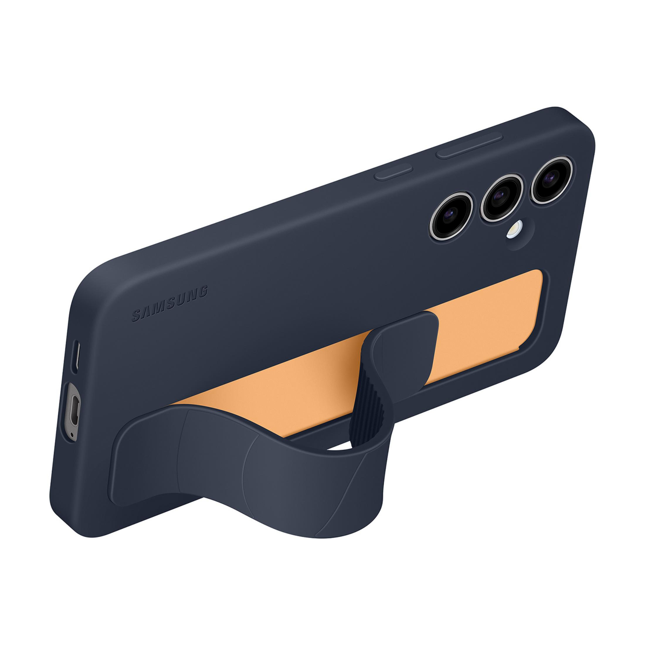 Granatowe etui Samsung z pomarańczowym uchwytem i modułem aparatu.