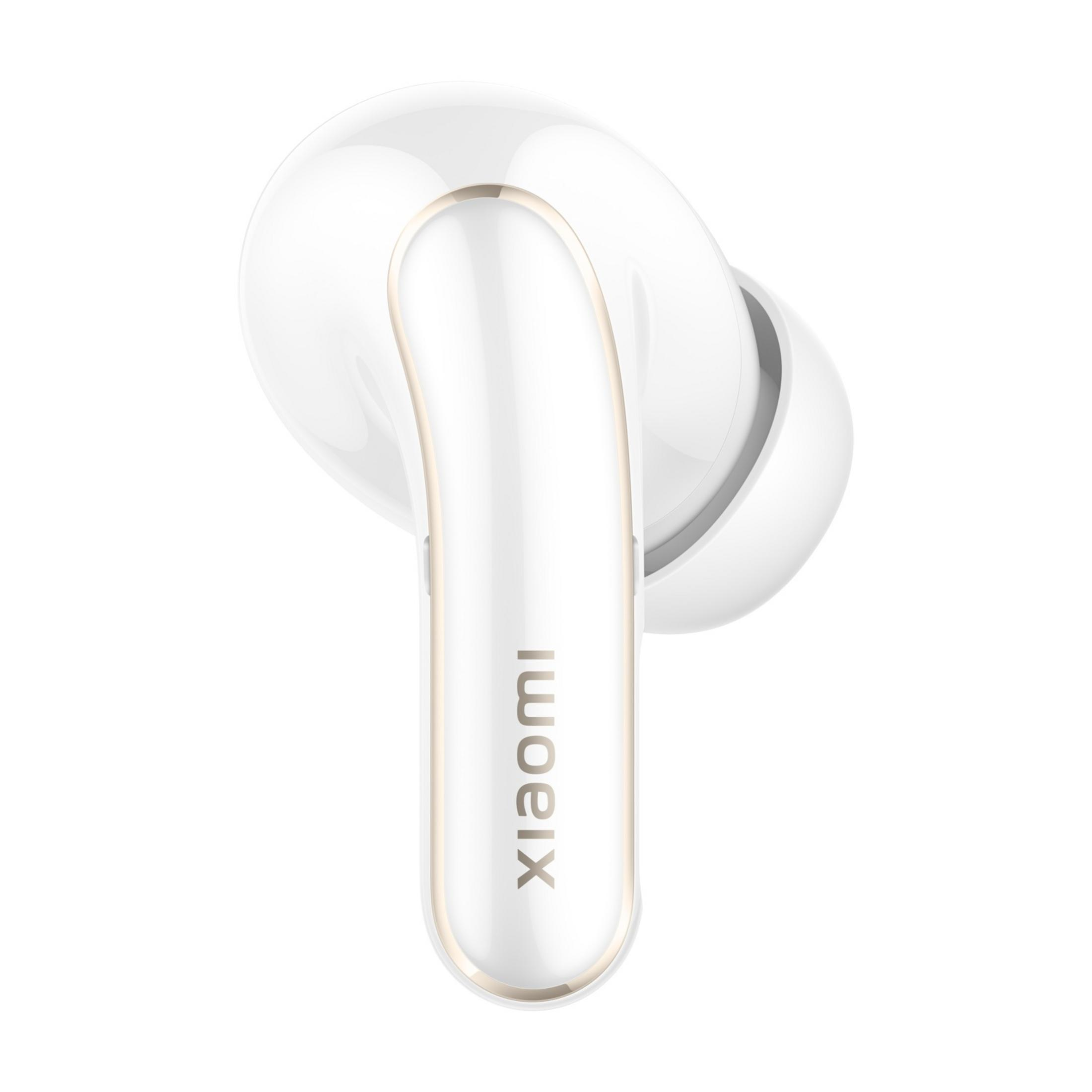 Ein weißer Xiaomi-Kopfhörer mit goldenen Akzenten auf weißem Hintergrund.